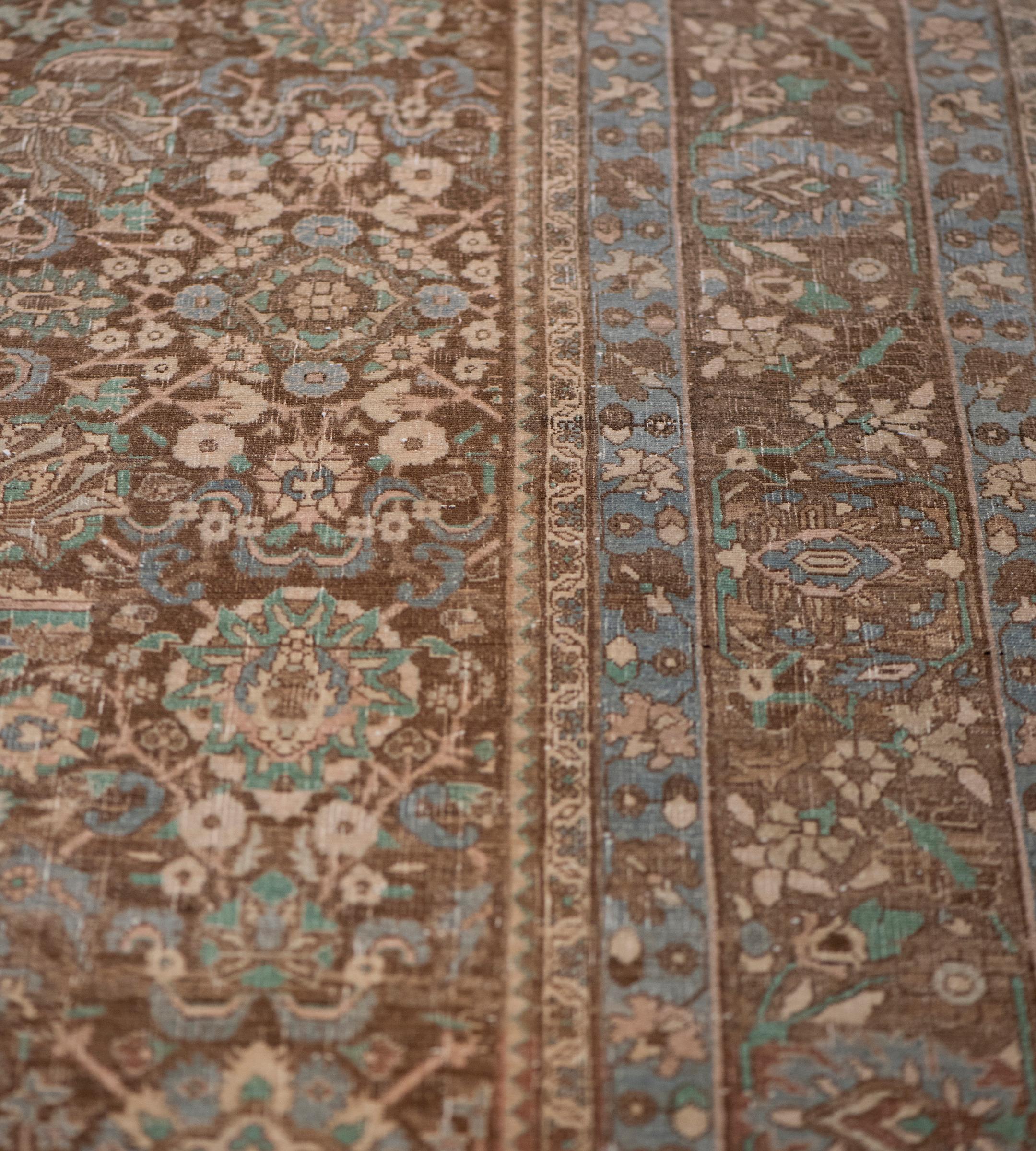 20th Century Hand-Knotted Wool Antique Light-Blue and Brown Floral Persian Tabriz Rug For Sale