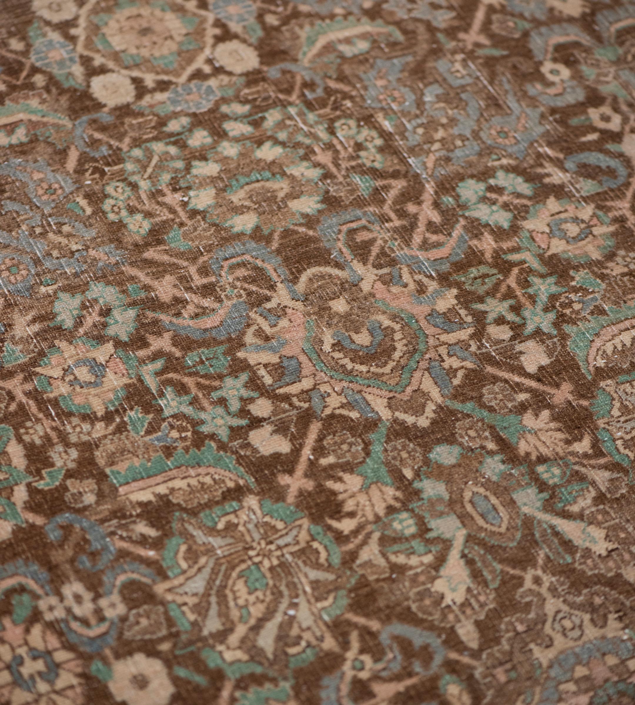 Hand-Knotted Wool Antique Light-Blue and Brown Floral Persian Tabriz Rug For Sale 1