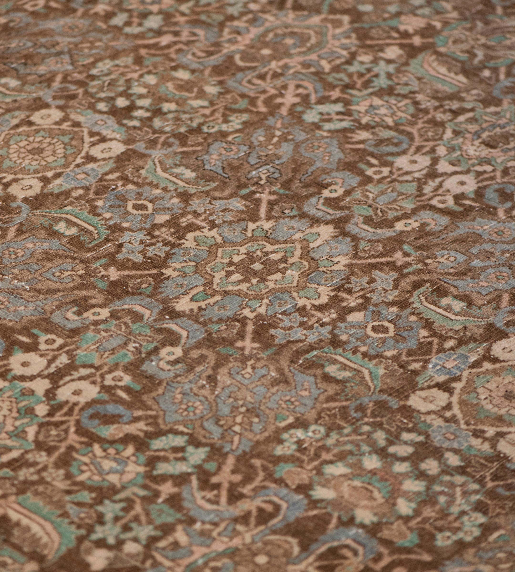 Hand-Knotted Wool Antique Light-Blue and Brown Floral Persian Tabriz Rug For Sale 2