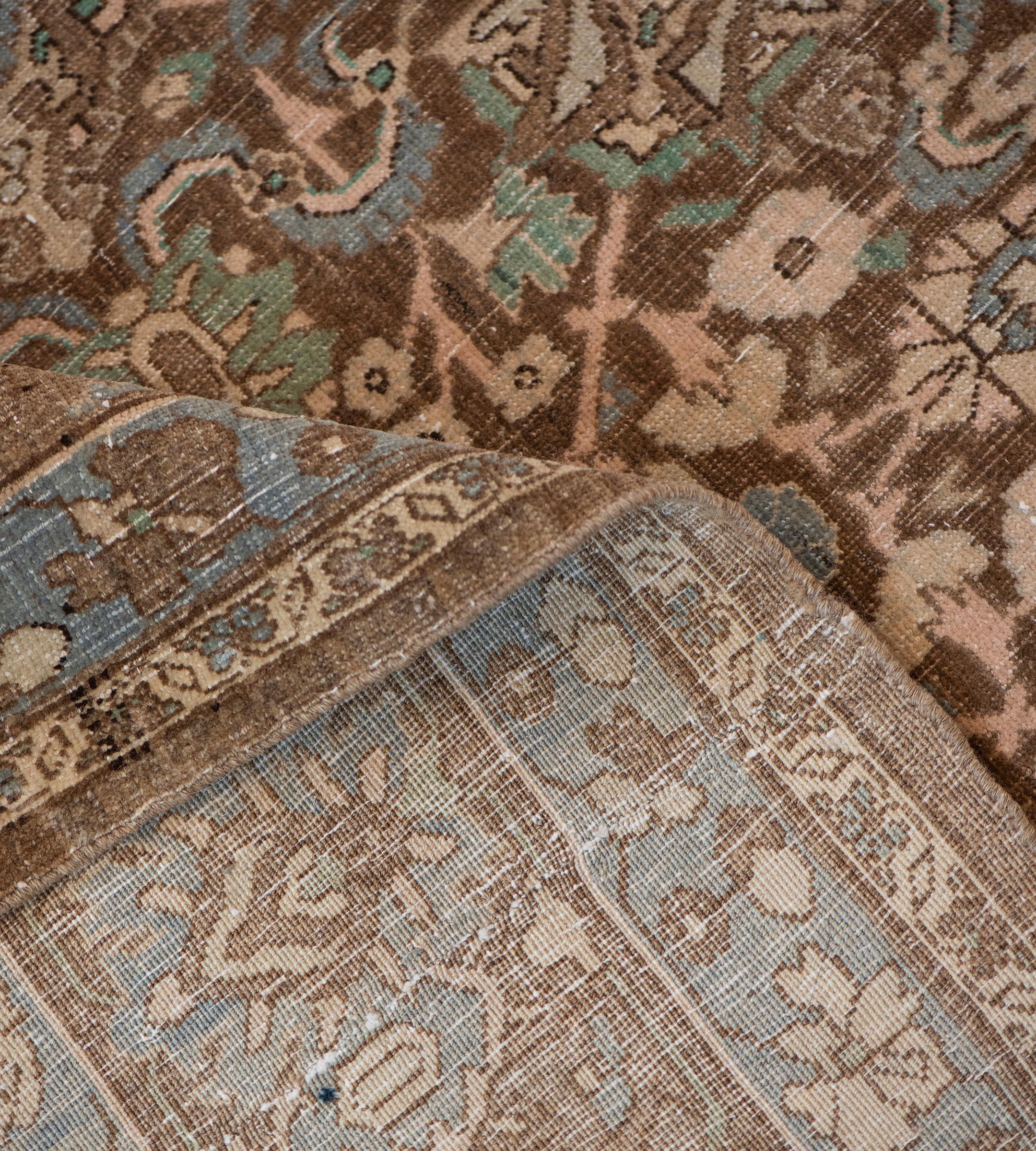 Hand-Knotted Wool Antique Light-Blue and Brown Floral Persian Tabriz Rug For Sale 3