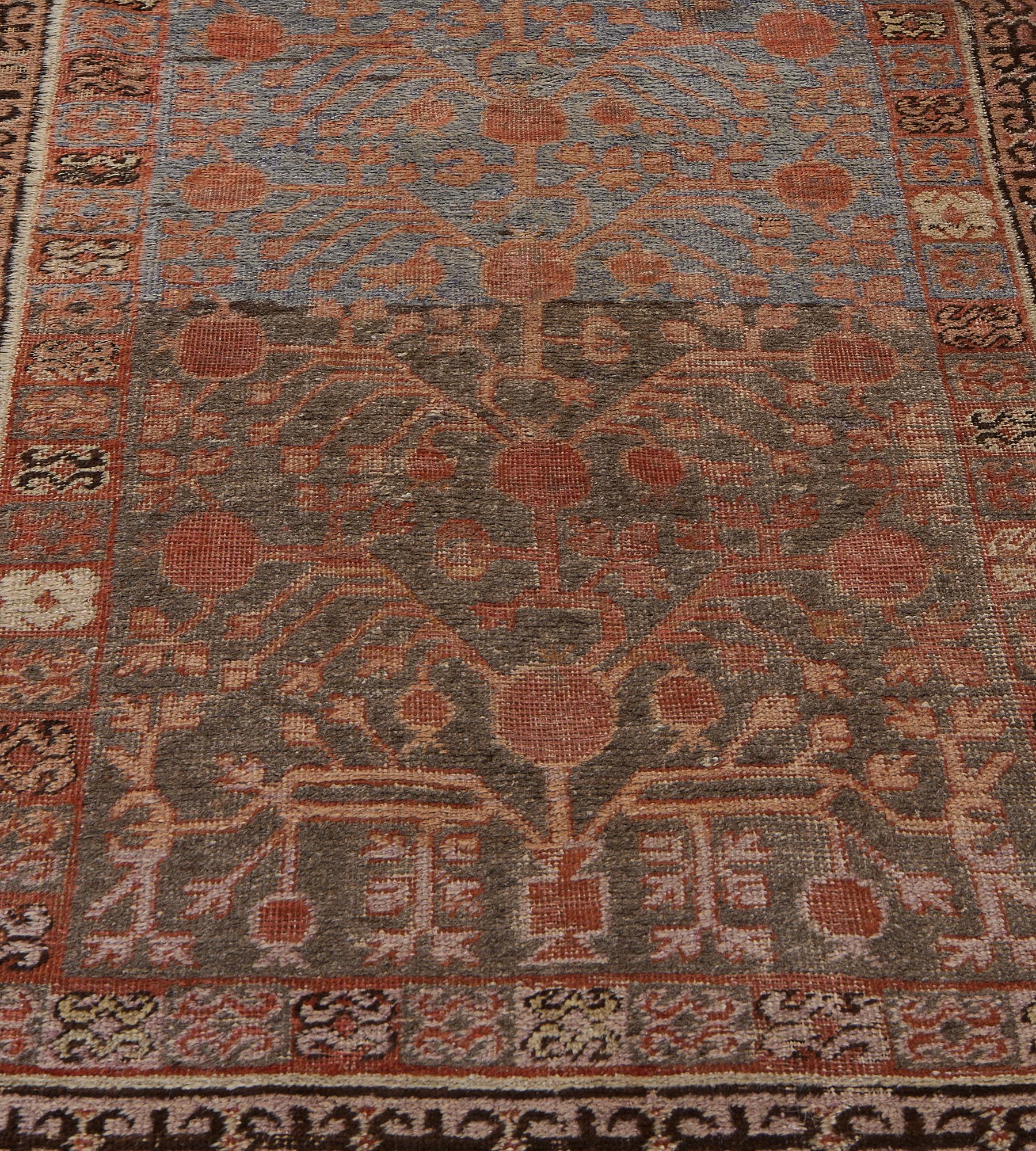 Hand-Knotted Wool Antique Pomegranate Floral Khotan Runner  For Sale 2