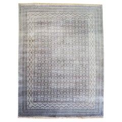 Hand-Knotted Wool Carpet with Lattice Pattern in Soft Gray and Steel Blue, 9x12