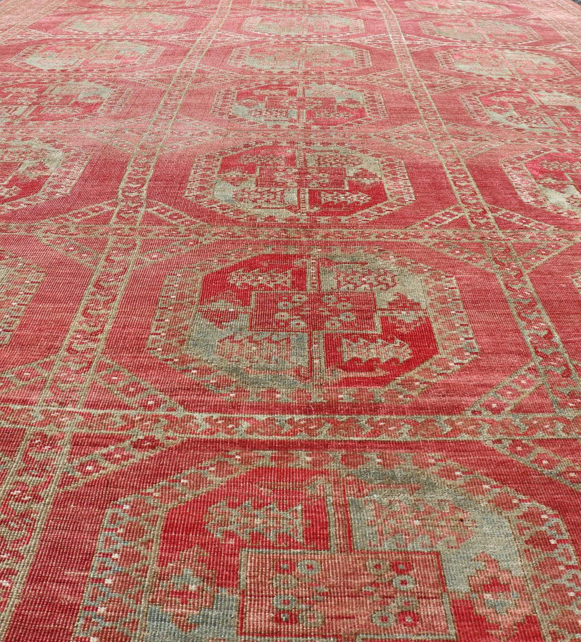 Hand-Knotted Wool Ersari Rug in Wool with Gul Design in Shades of Red & Green 3