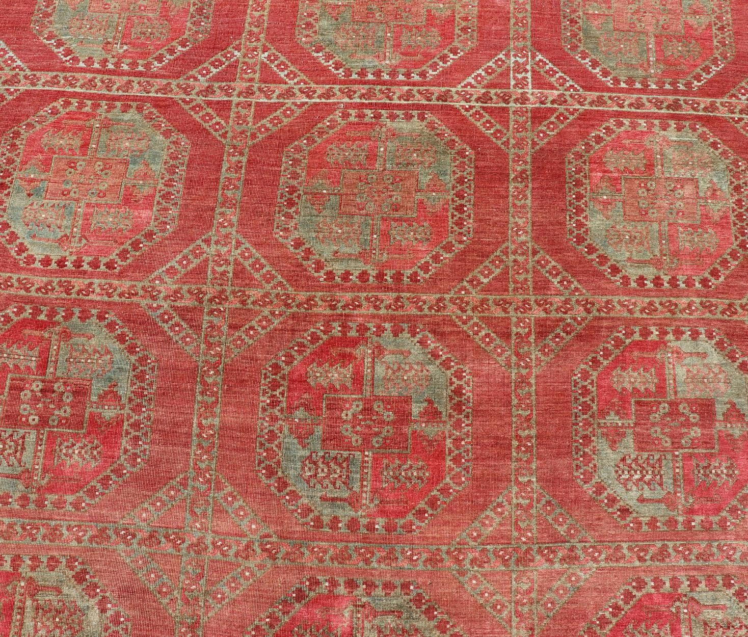 Hand-Knotted Wool Ersari Rug in Wool with Gul Design in Shades of Red & Green 4