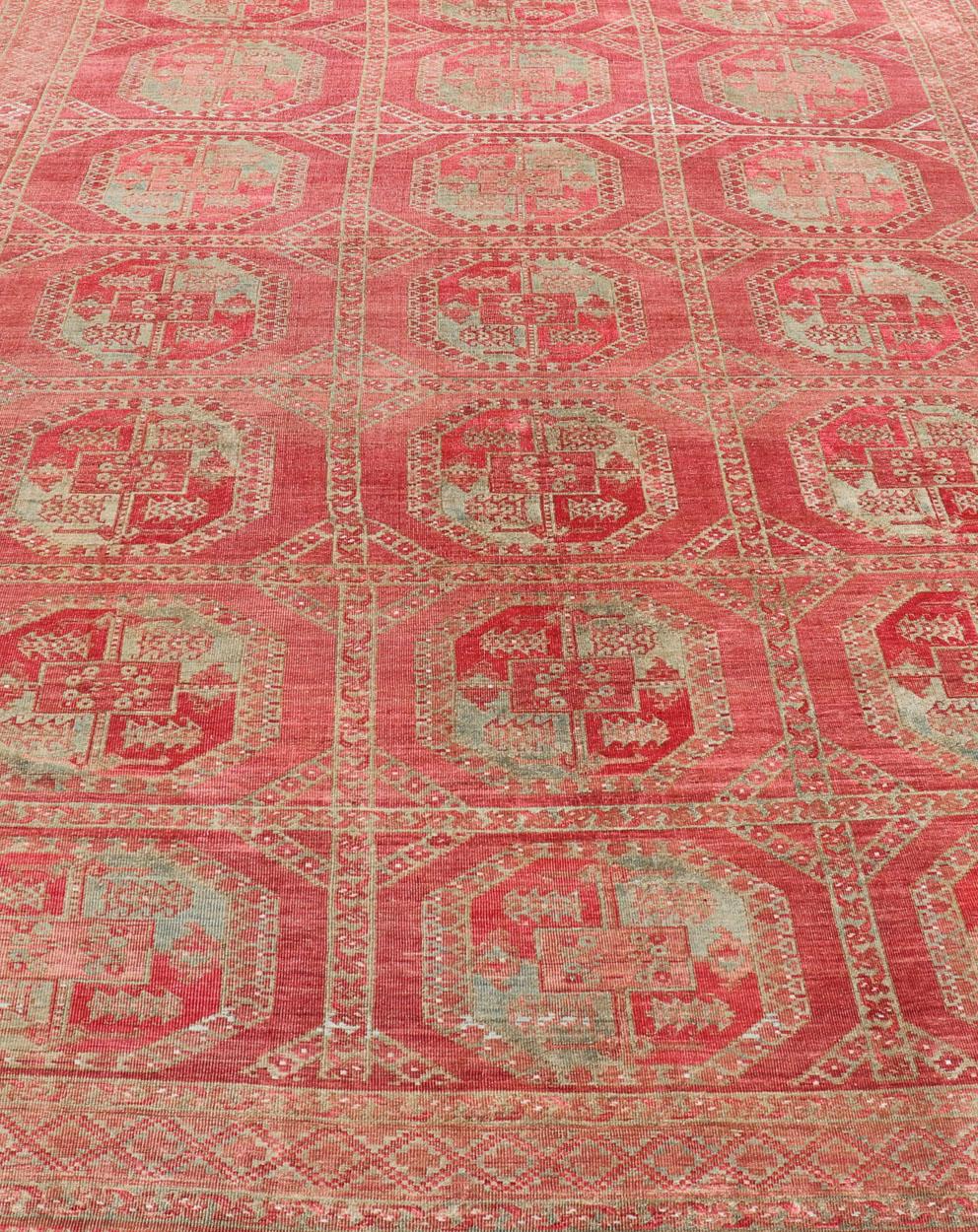Hand-Knotted Wool Ersari Rug in Wool with Gul Design in Shades of Red & Green 2