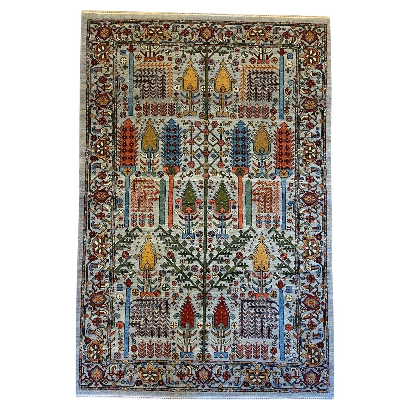 Hand-Knotted Wool Garden Rug in Sky Blue, Green, Red, Pink, and Yellow, 4' x 6'