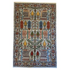 Tappeto da giardino in lana annodato a mano in blu cielo, verde, rosso, rosa e giallo, 4' x 6'
