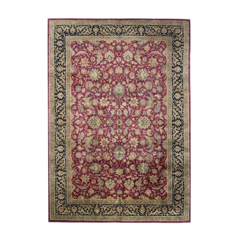 Hand-Knotted Wool Jaipur Rug, Red Black Floral 10'x14' Oversized For Sale