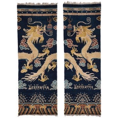 Hand-Knotted Wool, Pair of Dragon Temple Pillar Rugs or Carpets Chinoiserie