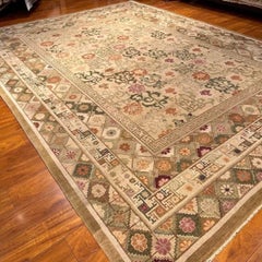 Hand-Knotted Wool Rug 9'x12' Ivory Green Floral Greek Key Border Design