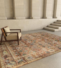 Hand-Knotted Wool Rug in Apricot and Burnt Red, Vintage-Inspired Floral Design