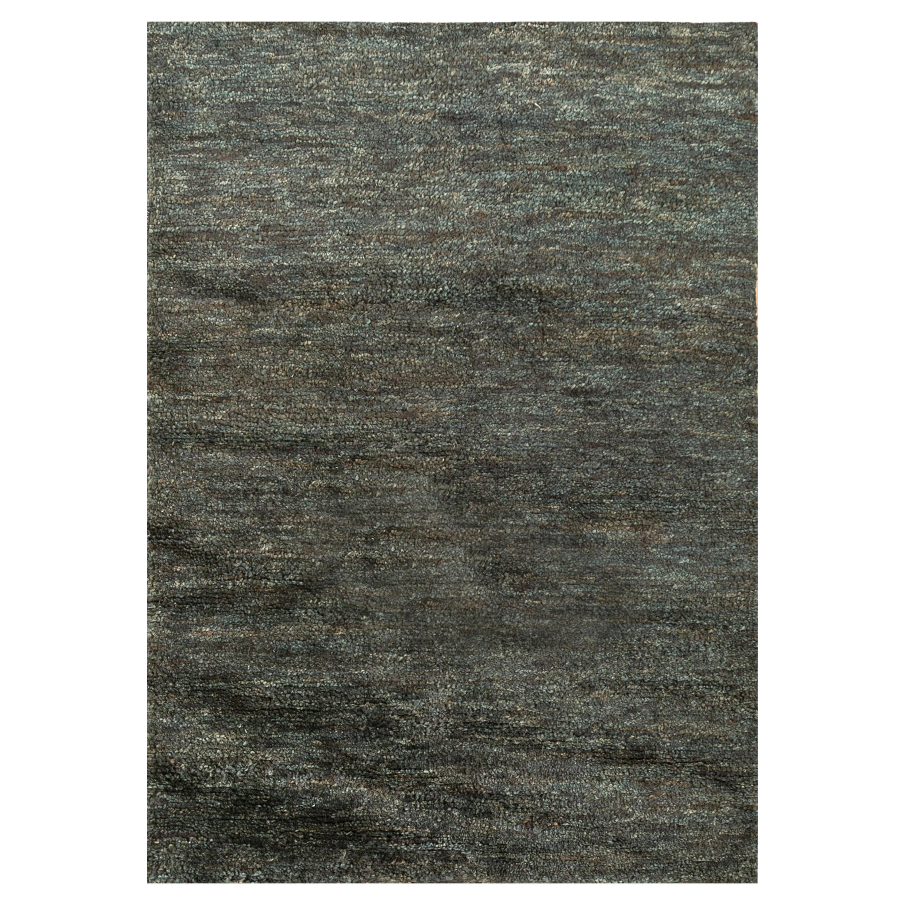 Hand-Knotted Wool Rug in Deep Charcoal and Forest Green, Subtle Geometric Design