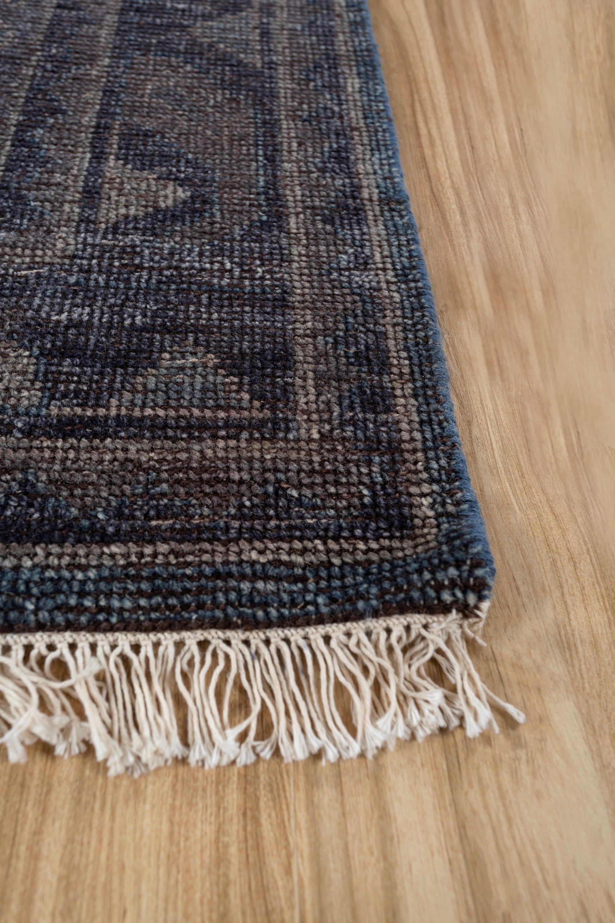 Revival Hand-Knotted Wool Rug in Indigo Blue and Marine Blue, Vintage Geometric Design For Sale