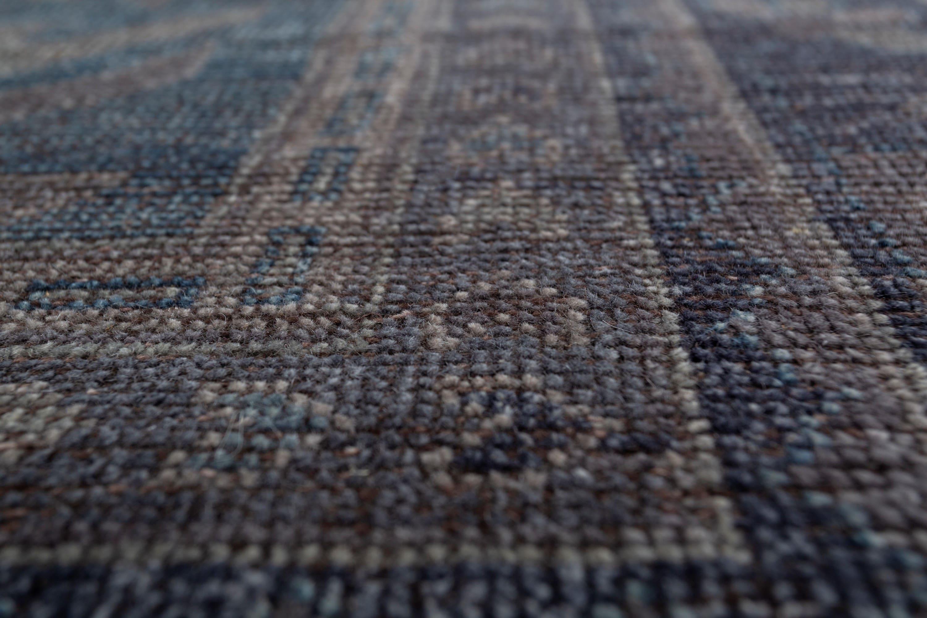 Indian Hand-Knotted Wool Rug in Indigo Blue and Marine Blue, Vintage Geometric Design For Sale