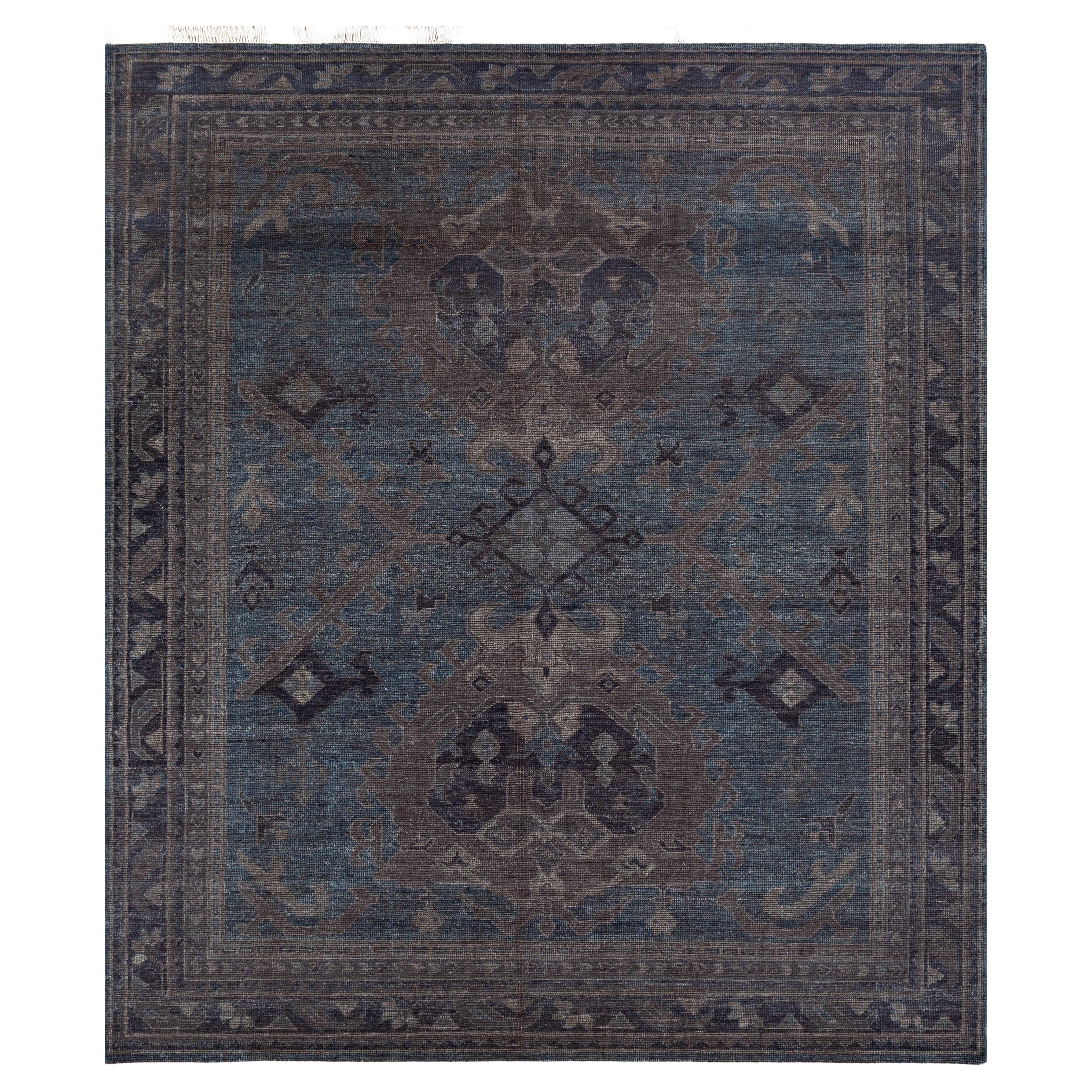 Hand-Knotted Wool Rug in Indigo Blue and Marine Blue, Vintage Geometric Design