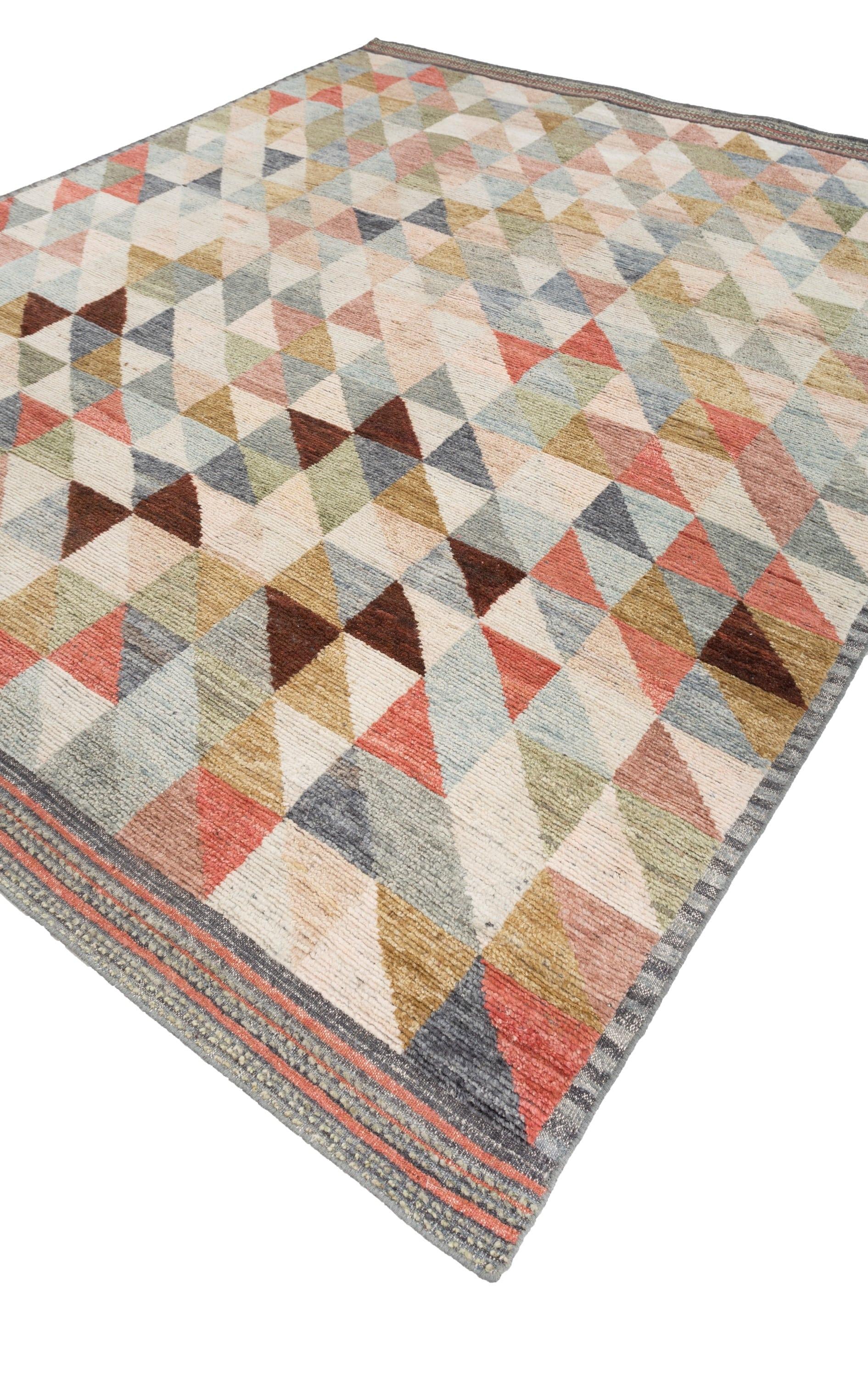 Handgeknüpfter Wollteppich in natürlichem Weiß und Meeresgrün, modernes geometrisches Design (Moderne) im Angebot