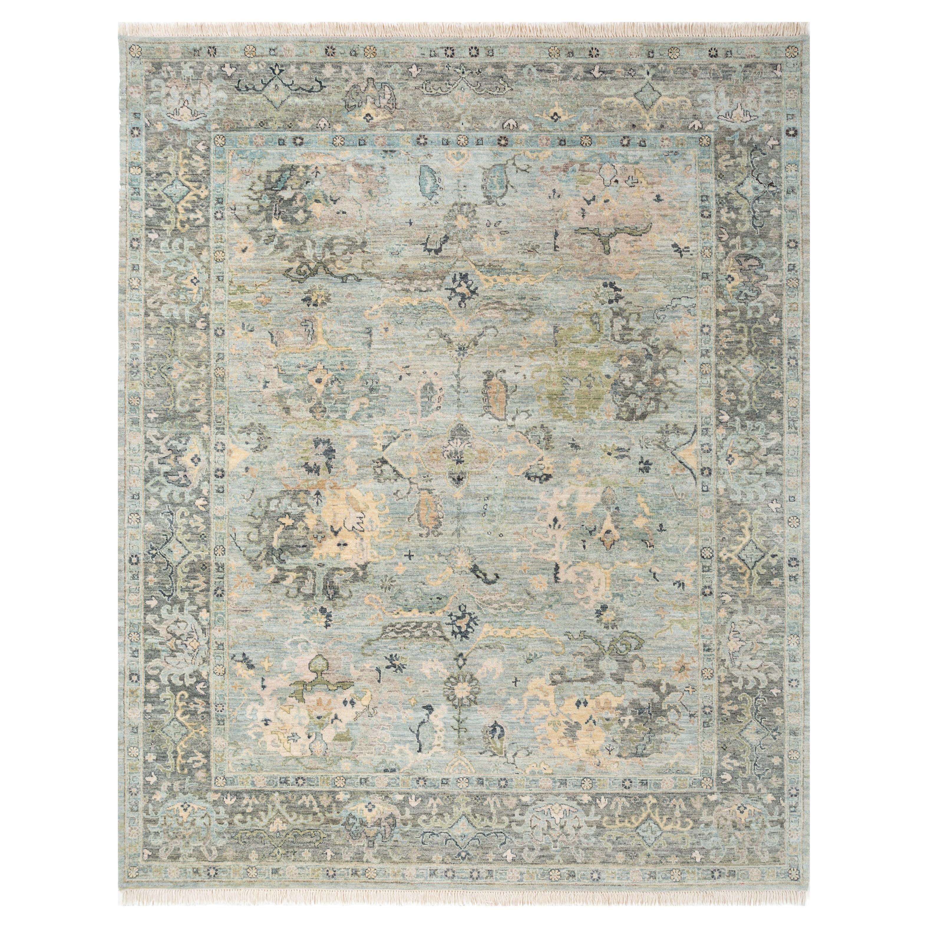 Hand-Knotted wool Rug in Pastel Blue and Stone Blue, Elegant Floral Motif