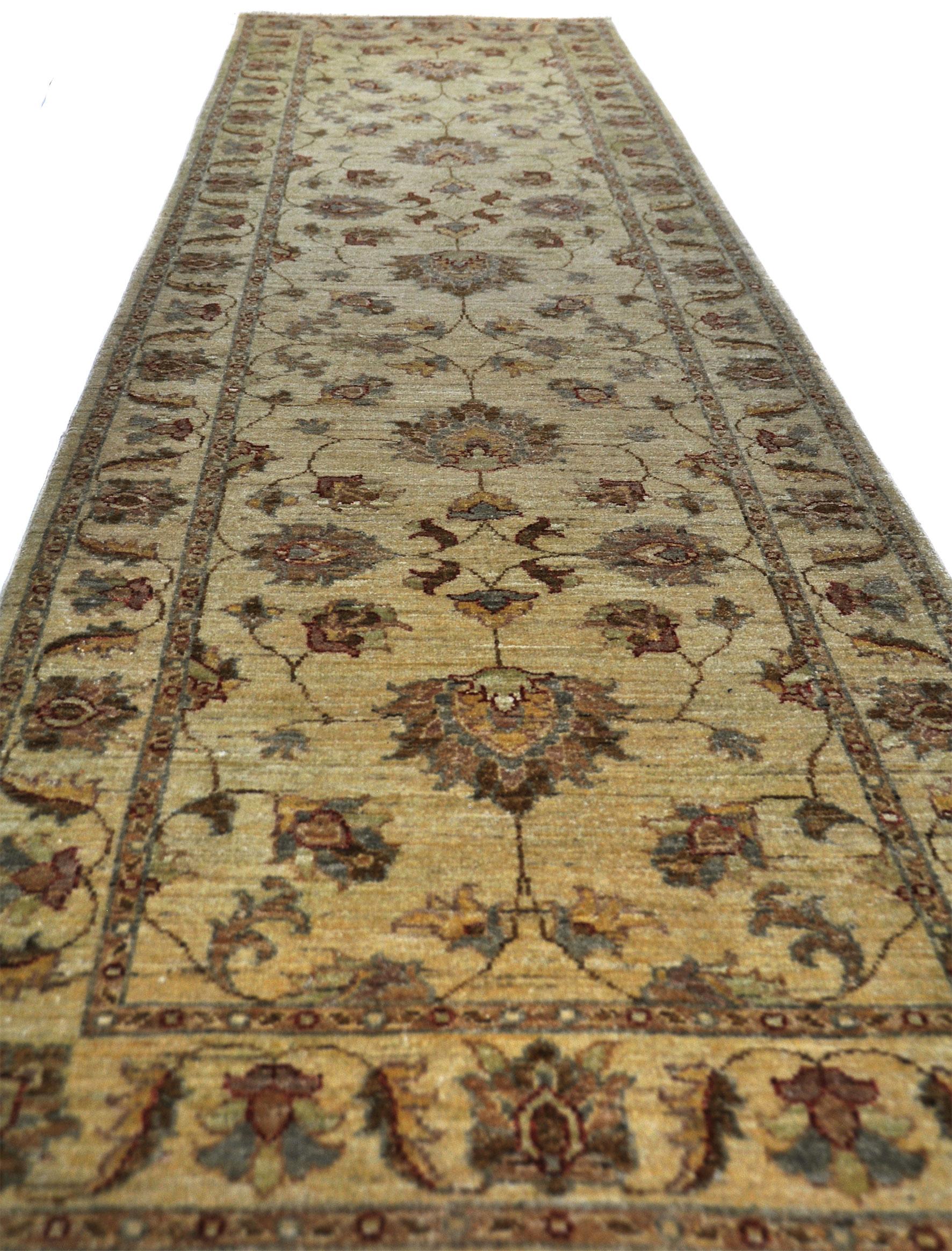 Other Hand Knotted Wool Rug Runner Farahan Beige and Red For Sale