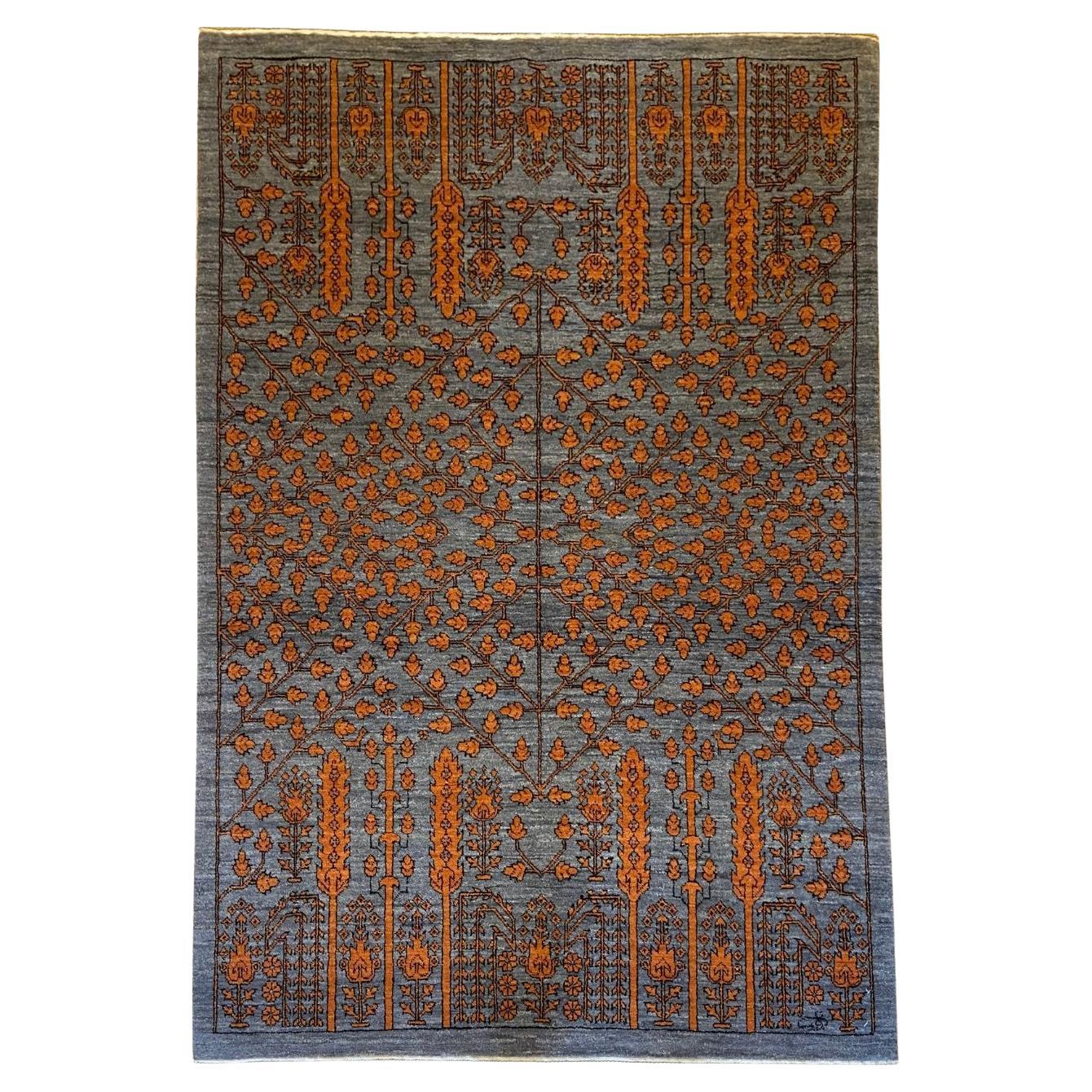 Hand-Knotted Wool Rug with Architectural Floral Design in Gray and Orange, 4x6