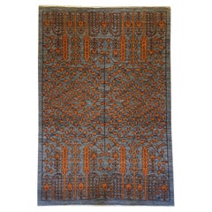 Hand-Knotted Wool Rug with Architectural Floral Design in Gray and Orange, 4x6