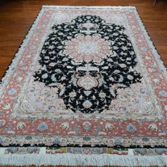 Hand-Knotted Wool Silk Rug 6'6"x10' Black Rose Pink Floral Medallion