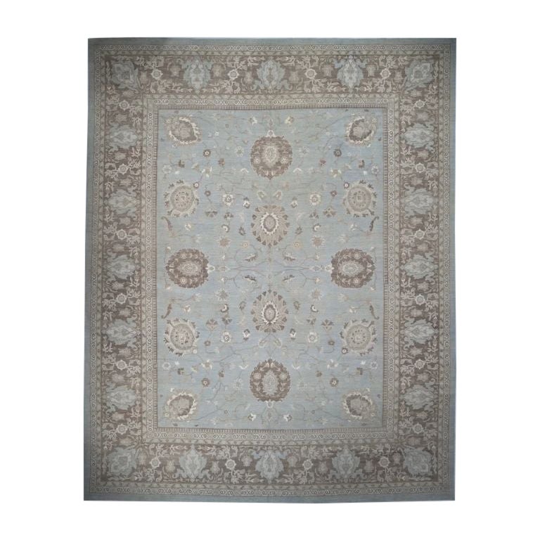 Hand-Knotted Wool & Silk Sultanabad Rug, Blue Oversized 12'x15'4" For Sale