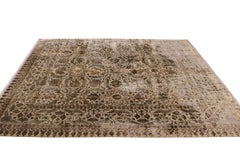 Hand Knotted Wool Silk Tabriz Rug Beige Brown Shabby Chic Floral Rug