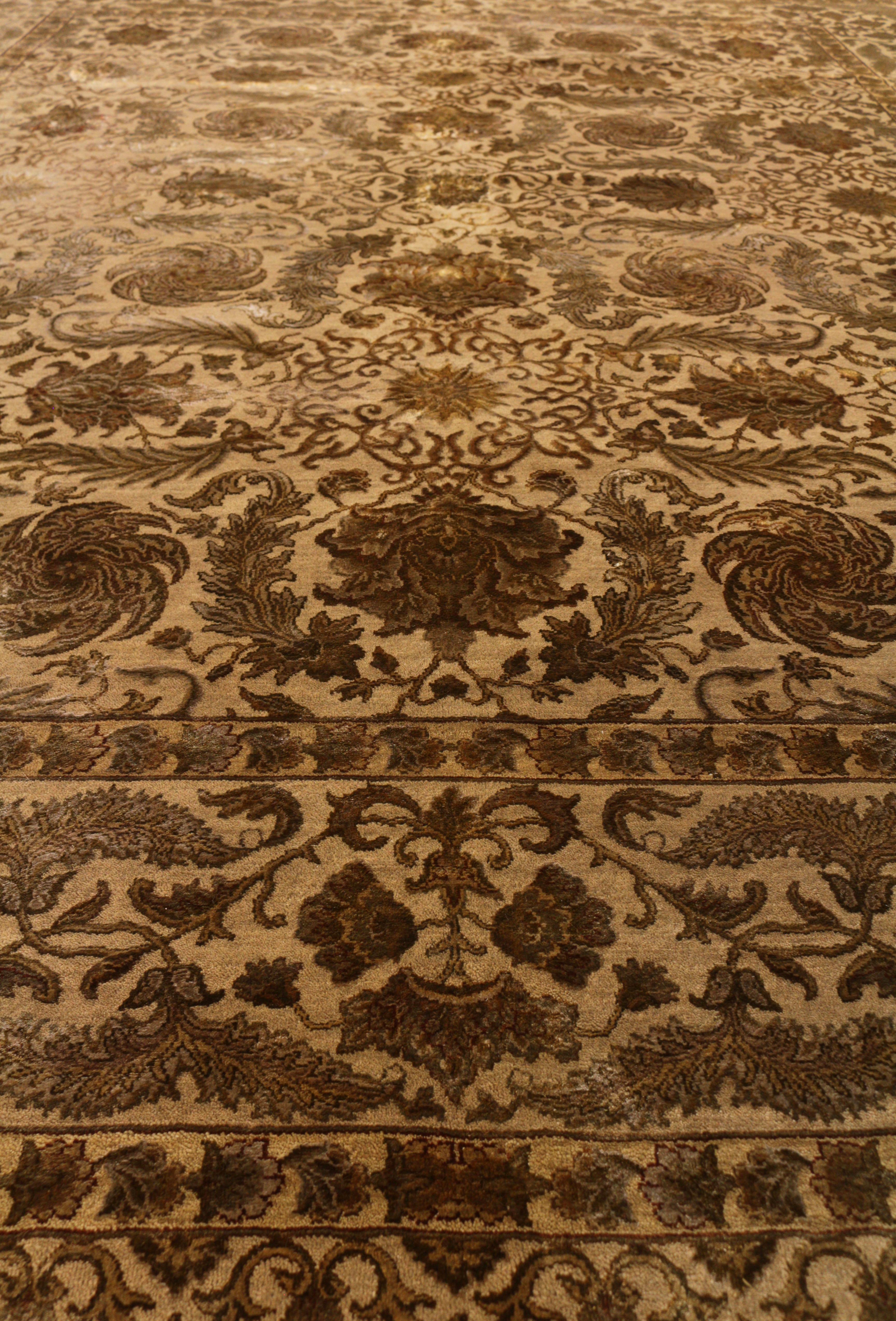 Hand Knotted Wool Silk Tabriz Rug Beige Brown Shabby Chic Floral Rug In Excellent Condition In Long Island City, NY