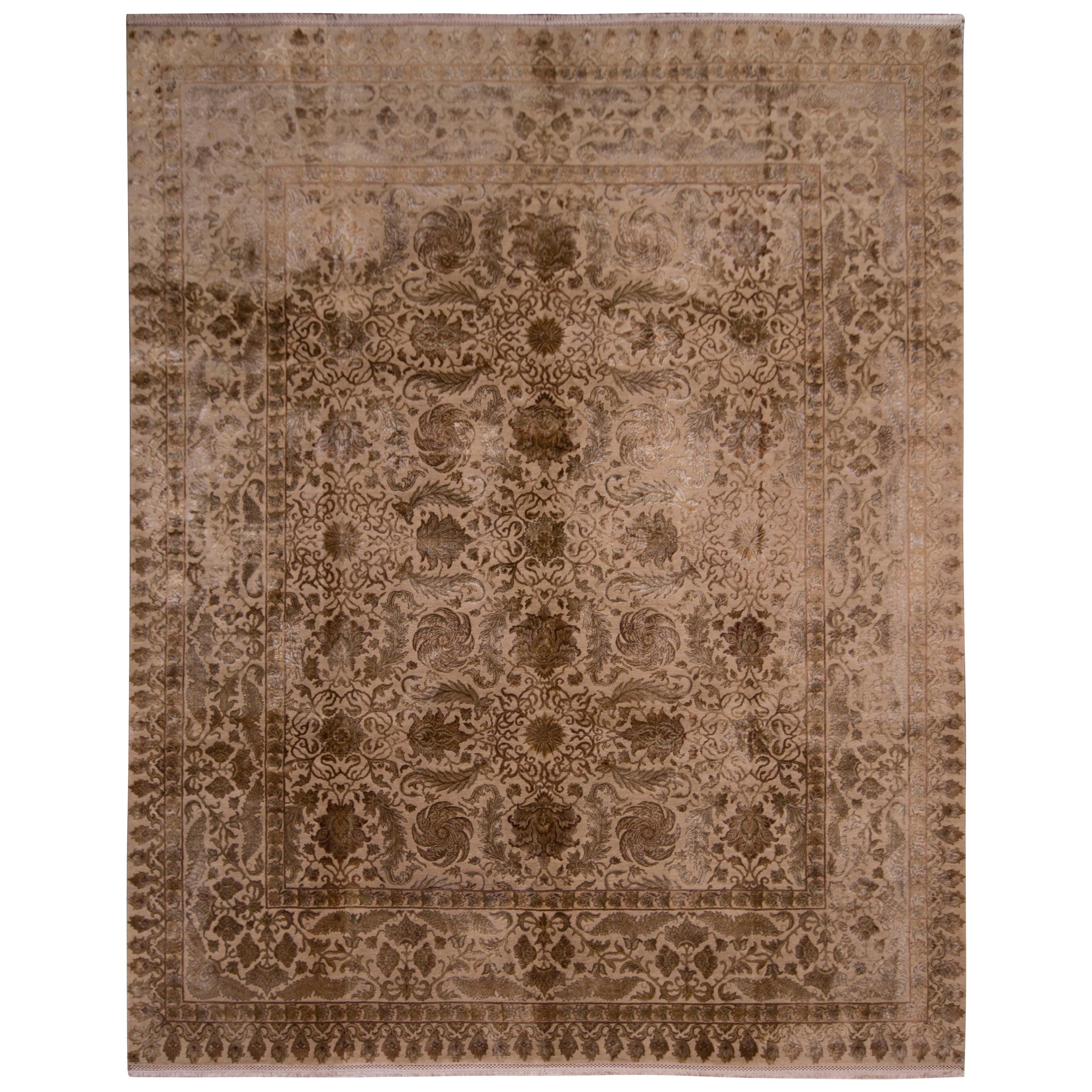 Hand Knotted Wool Silk Tabriz Rug Beige Brown Shabby Chic Floral Rug