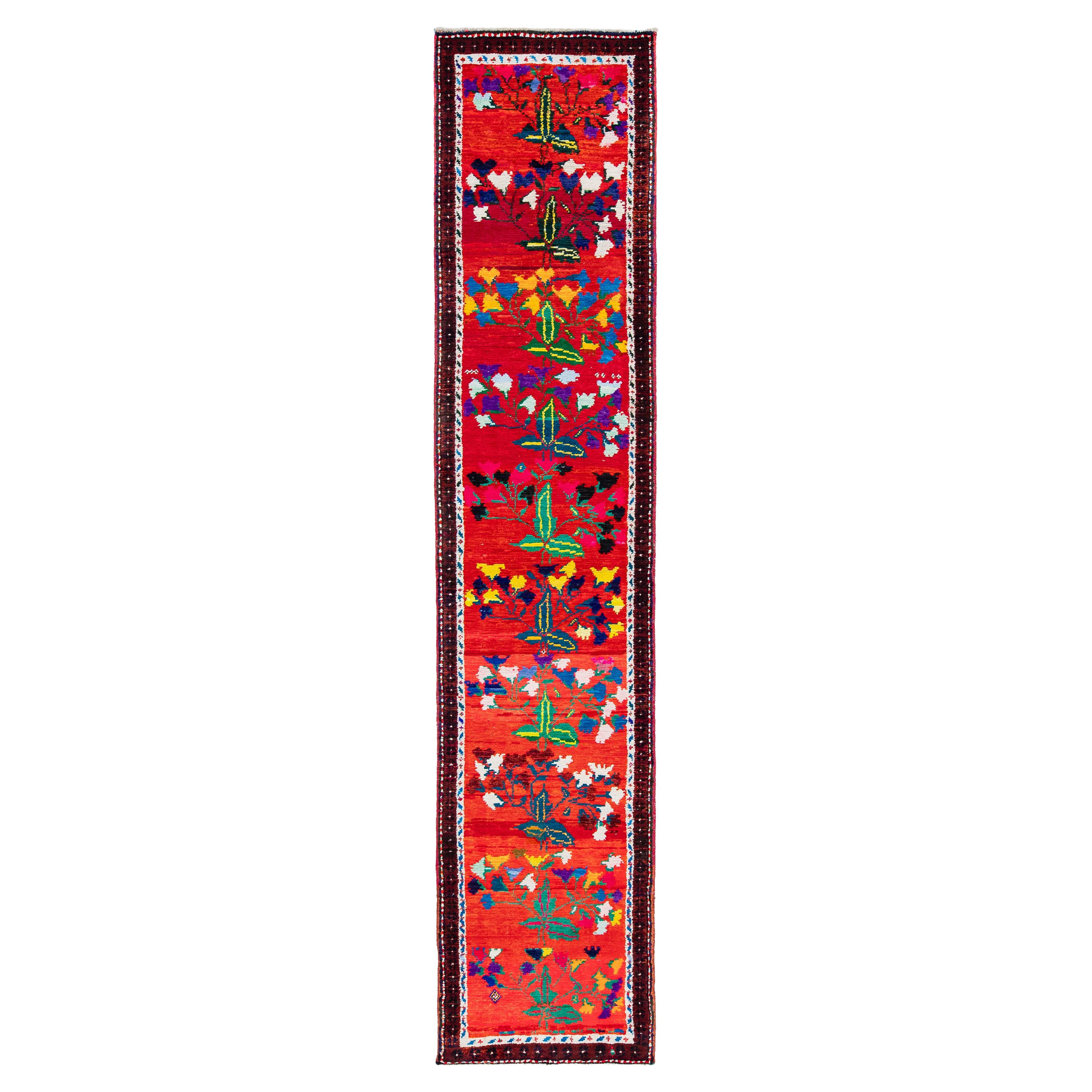 Handgeknüpfte Wolle Türkisch Läufer Zeitgenössische Rot Floral Design - 3
 x 12
 im Angebot