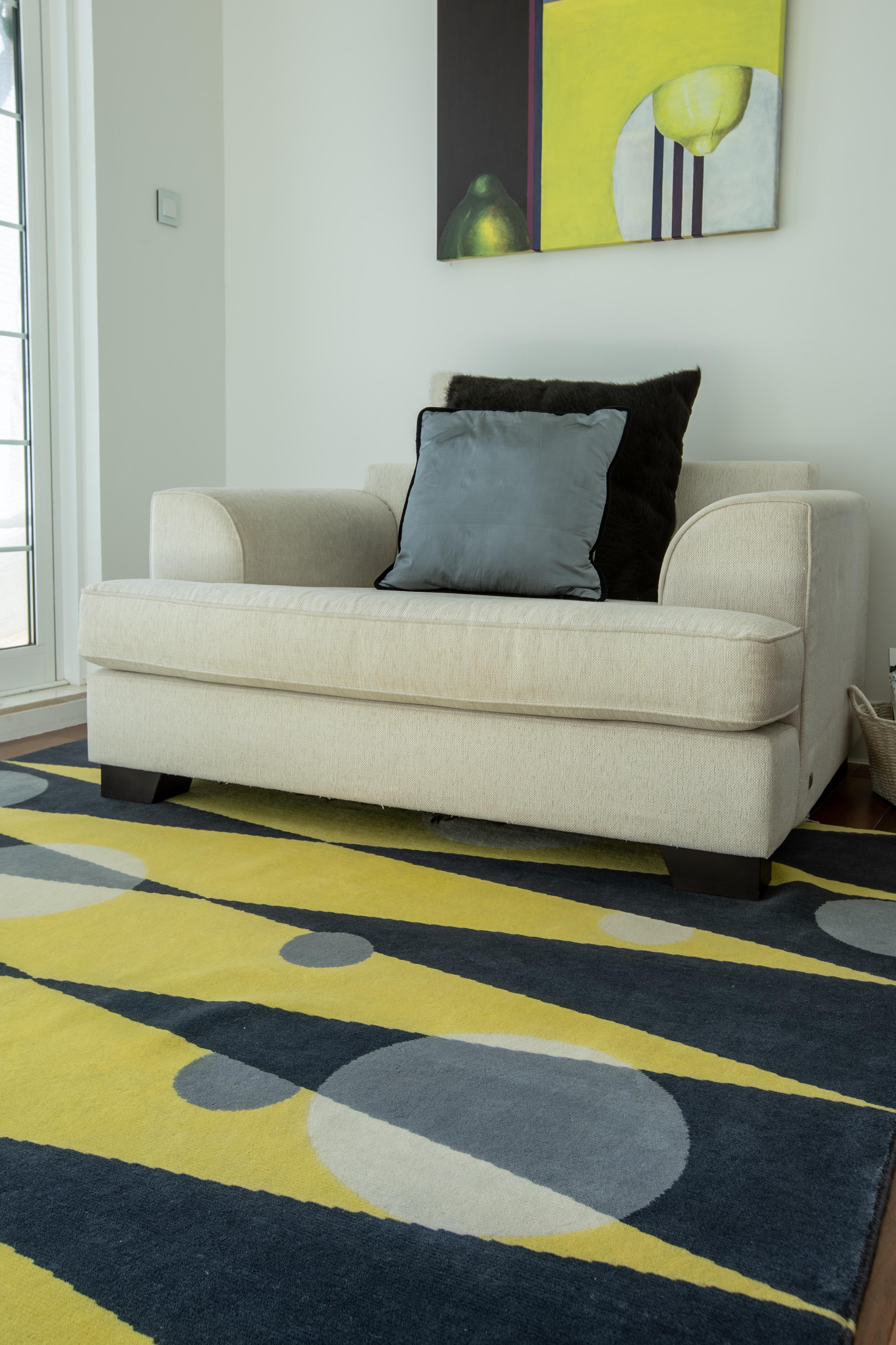 Hand-Knotted Grey Yellow Wool Rug w/ Geometric Shapes by Cecilia Setterdahl for CarpetsCC For Sale