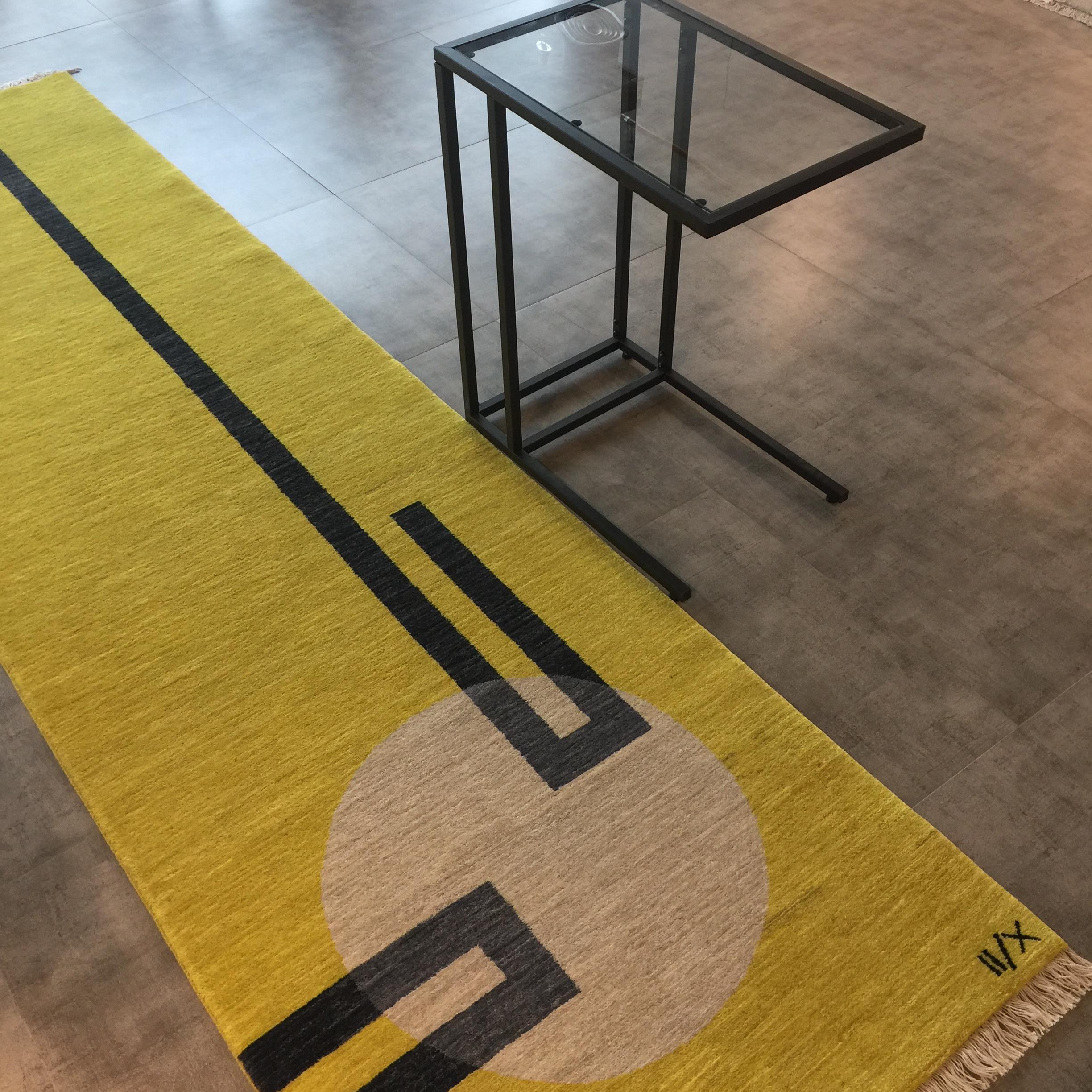 Contemporary Rug Light hole - Geometric Carpet Yellow  White Black Runner Hand knotted Afghan For Sale