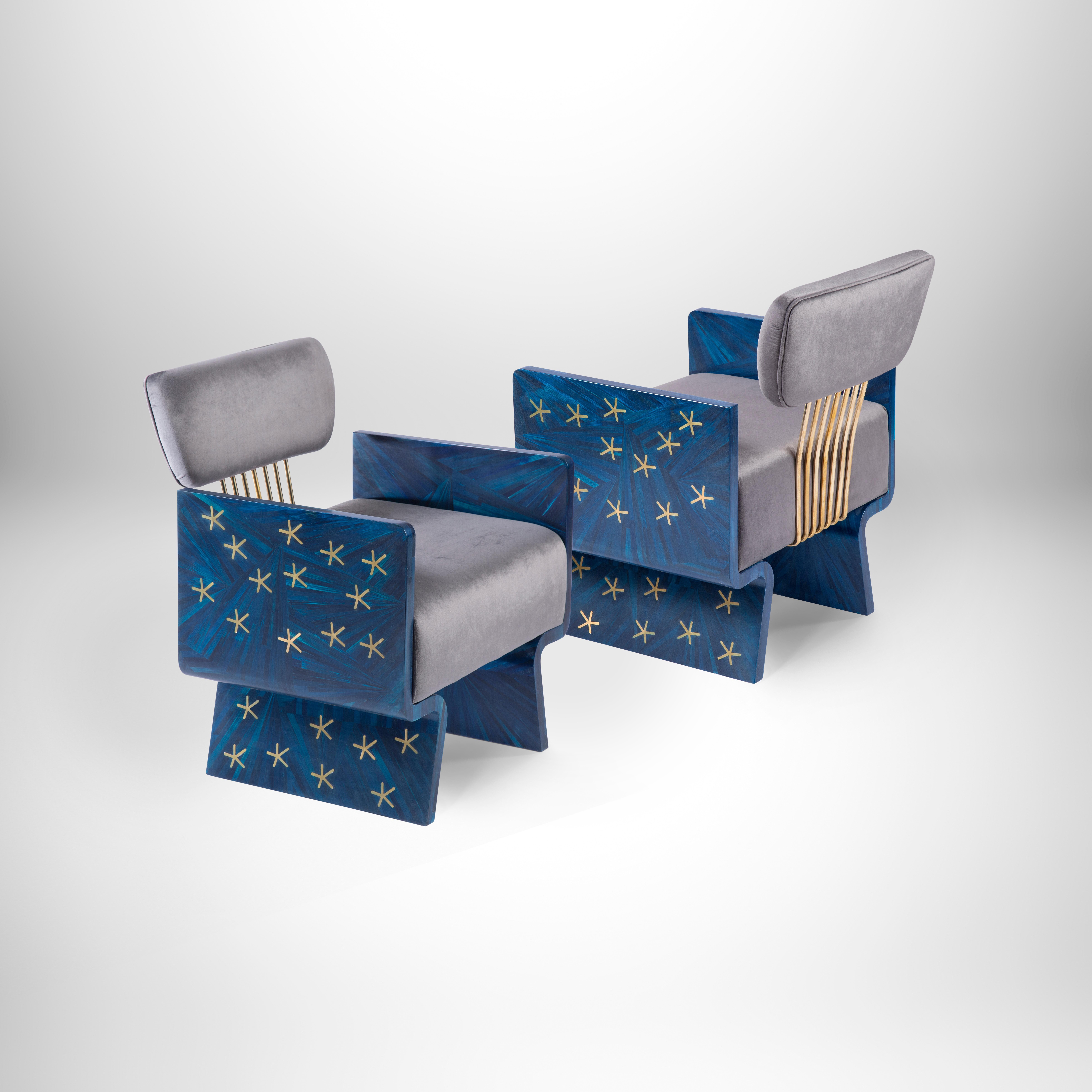 Modern Hand-Laid Brass Stars on Blue Straw, Nut-Inspired Armchair with Velvet Cushion For Sale