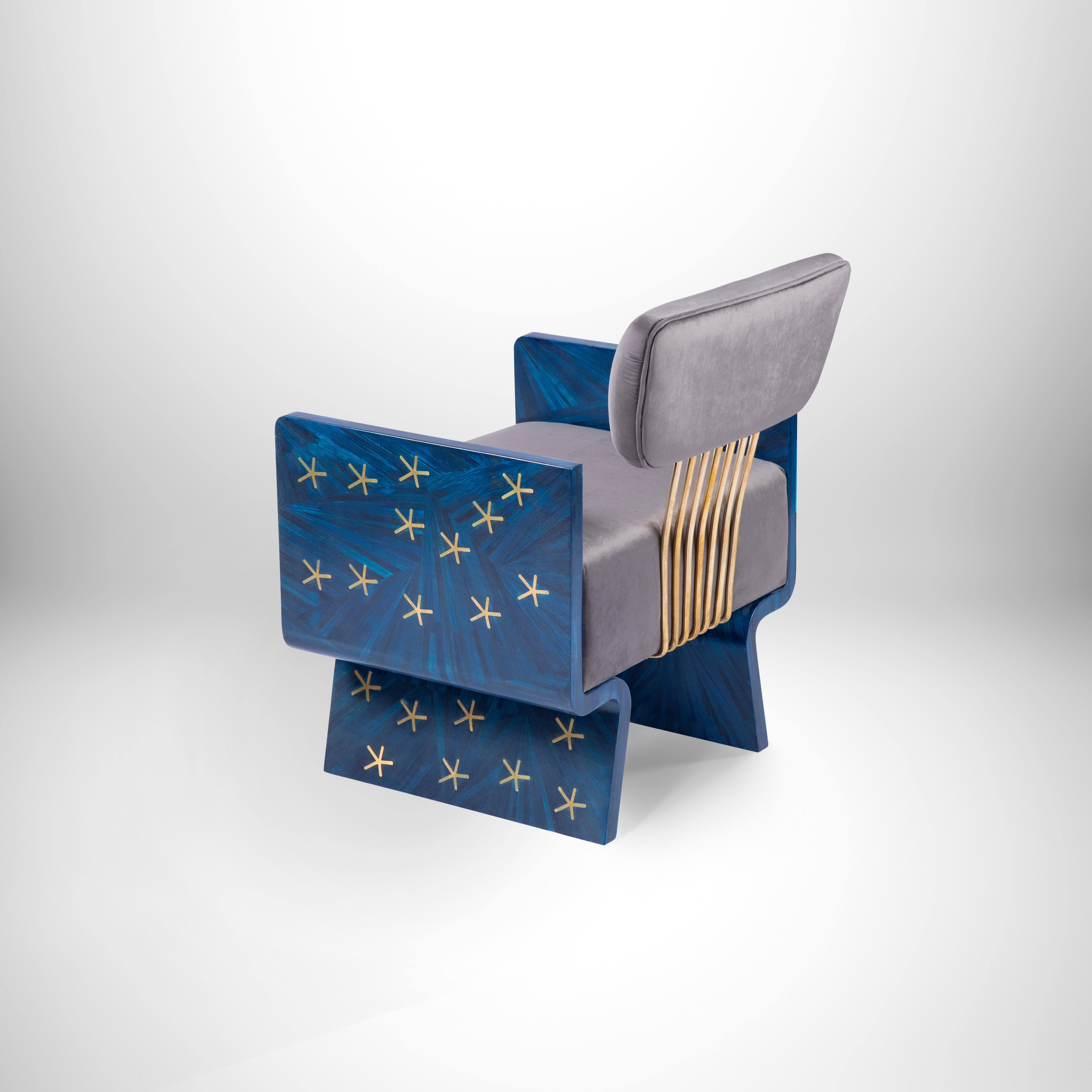 Egyptian Hand-Laid Brass Stars on Blue Straw, Nut-Inspired Armchair with Velvet Cushion For Sale