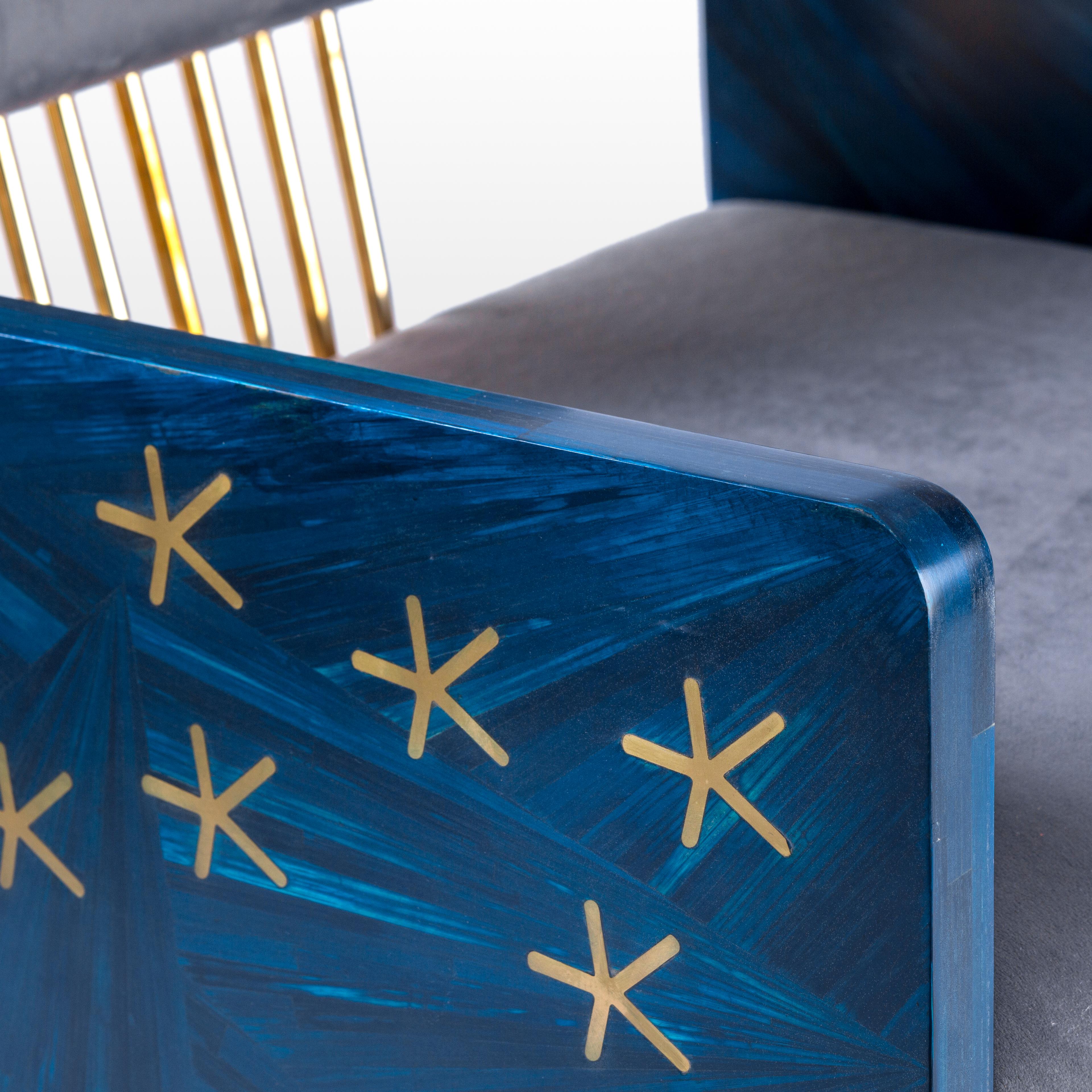 Hand-Crafted Hand-Laid Brass Stars on Blue Straw, Nut-Inspired Armchair with Velvet Cushion For Sale