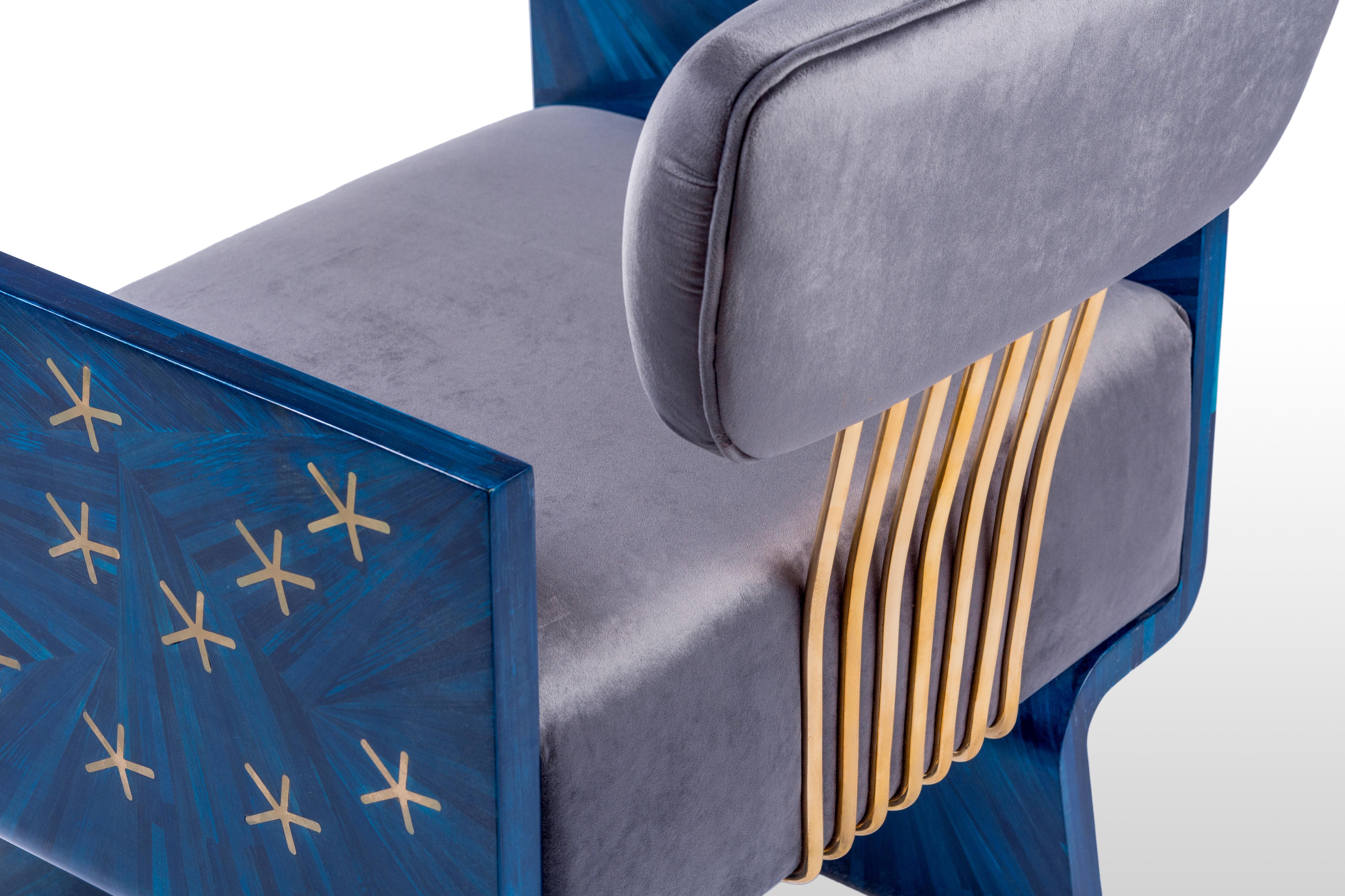 Contemporary Hand-Laid Brass Stars on Blue Straw, Nut-Inspired Armchair with Velvet Cushion For Sale