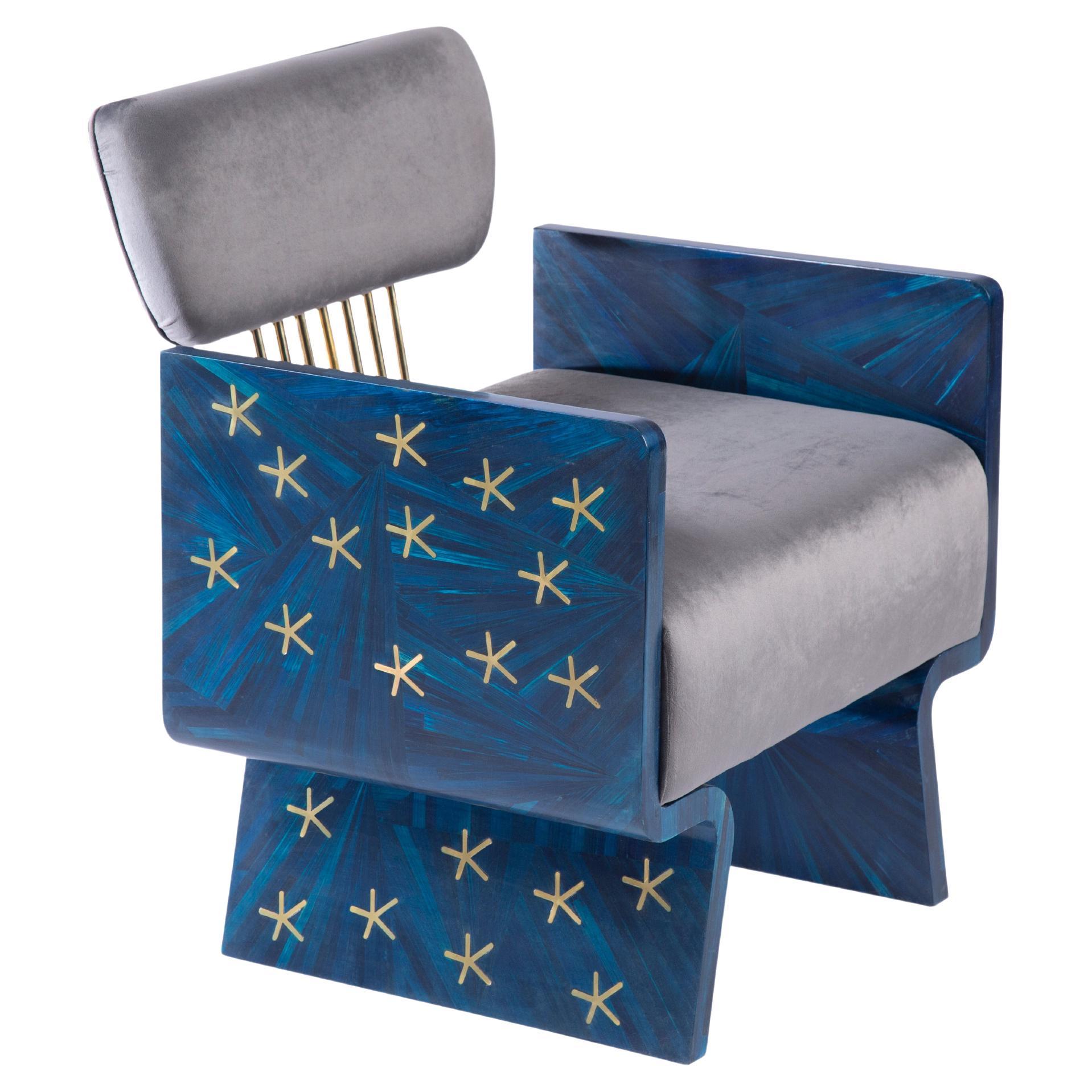 Hand-Laid Brass Stars on Blue Straw, Nut-Inspired Armchair with Velvet Cushion For Sale