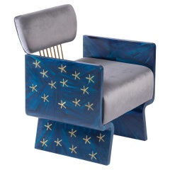 Hand-Laid Brass Stars on Blue Straw, Nut-Inspired Armchair with Velvet Cushion