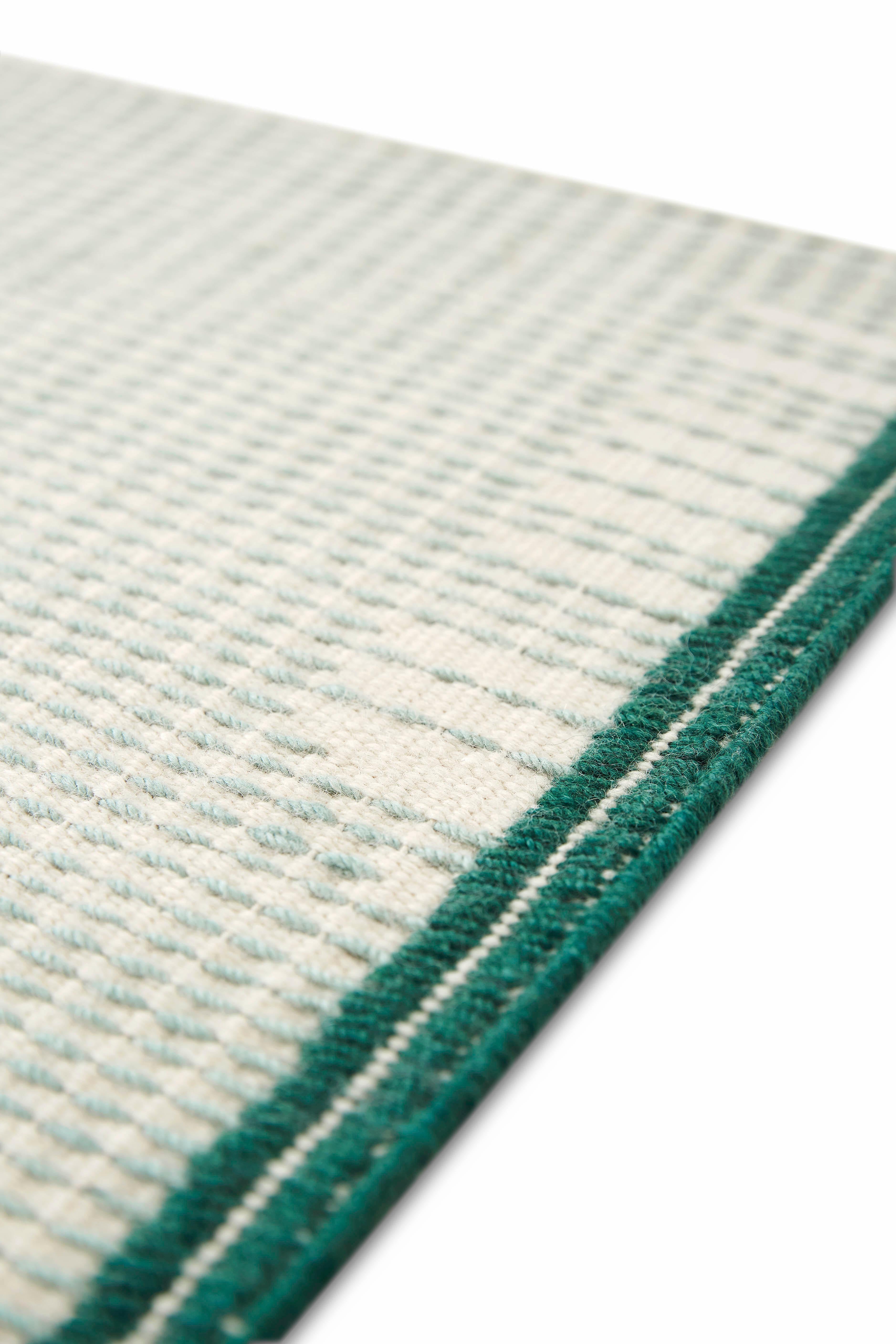 Indian Hand Loom Technique Backstitch Calm Large Rug in Green Color by Raw-Edges For Sale