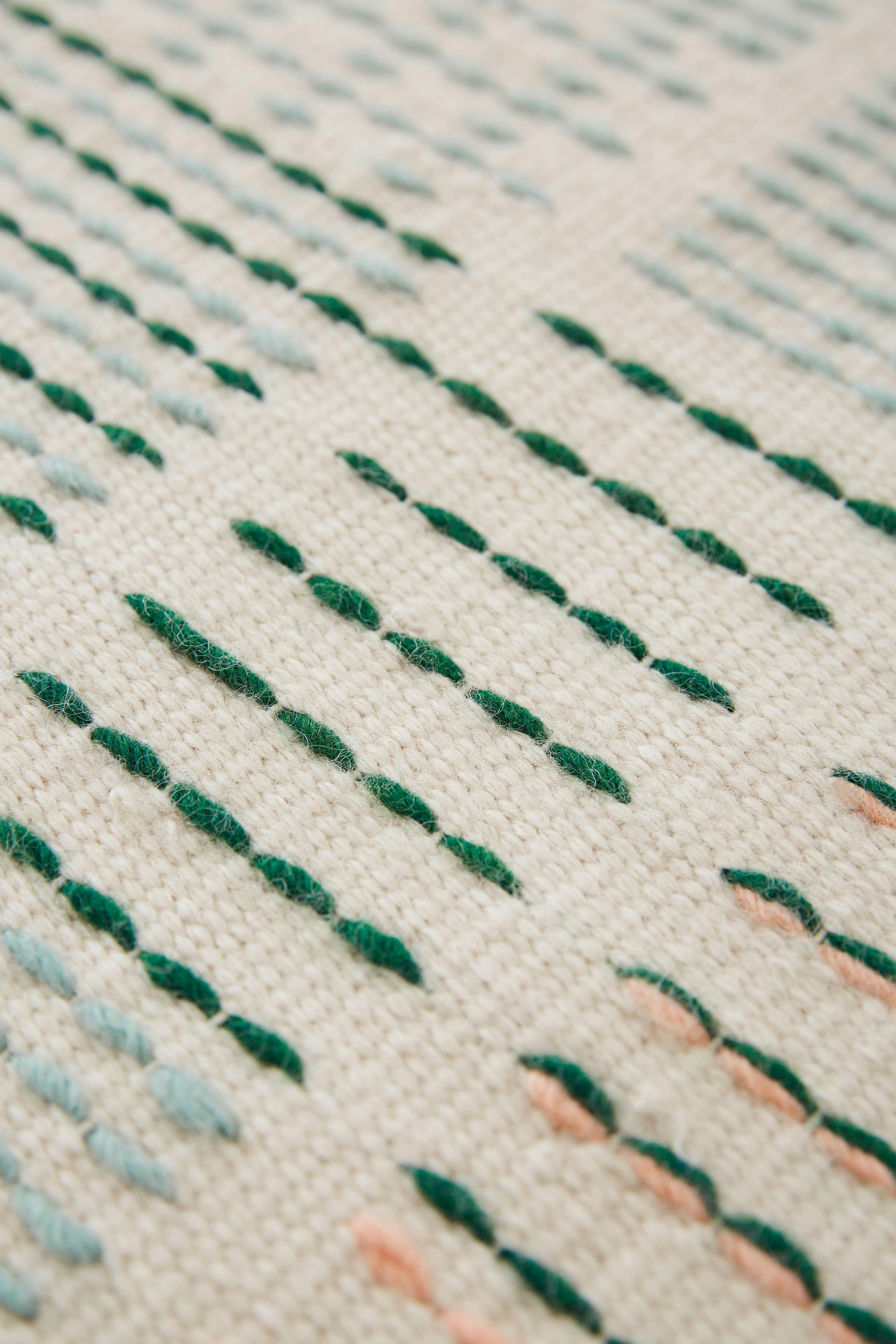 Modern Hand Loom Technique Composition Large Rug in Green Color by Raw-Edges For Sale