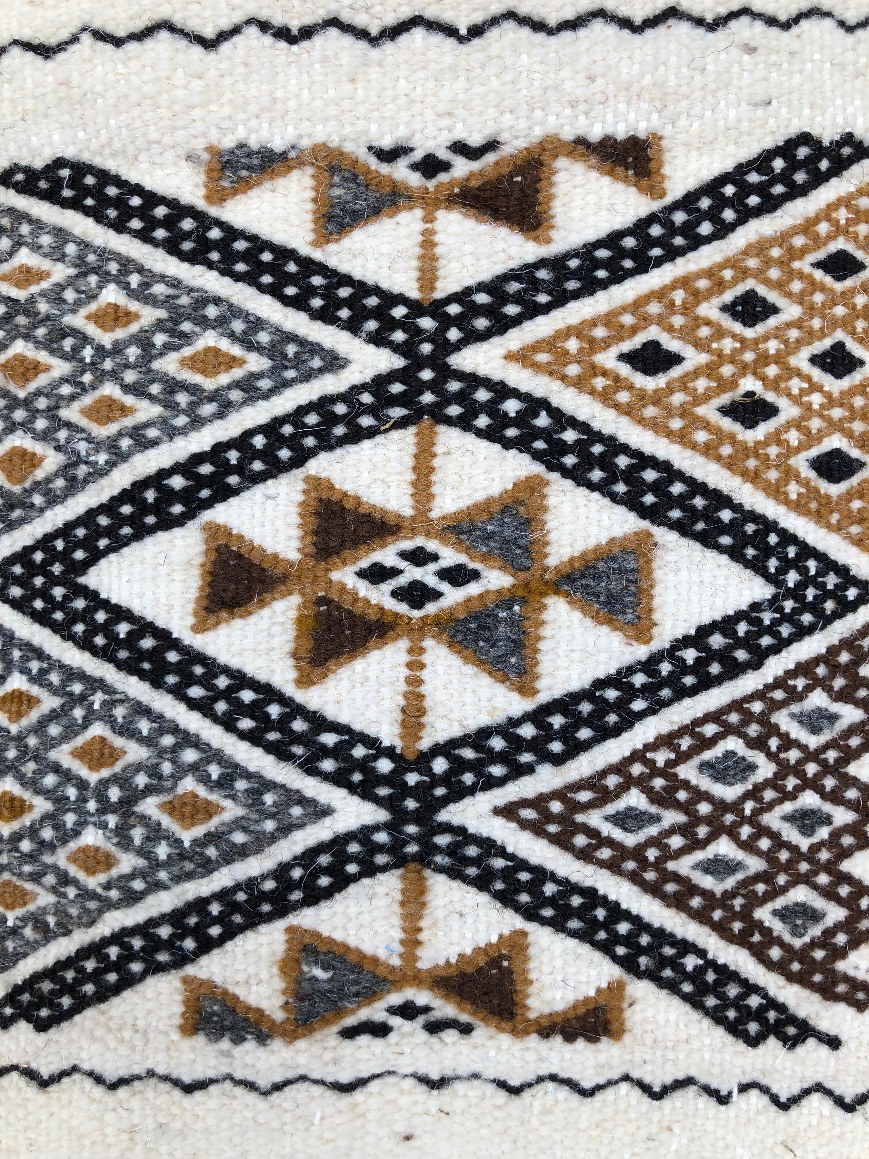 This Berber rug is hand-loomed from 100% sheep's wool and pearl cotton fibers. Berber use them in multi purposes on floor, hang them on wall as art or put on sofa.

The quality is exceptional -- a super tight weave with expertly executed