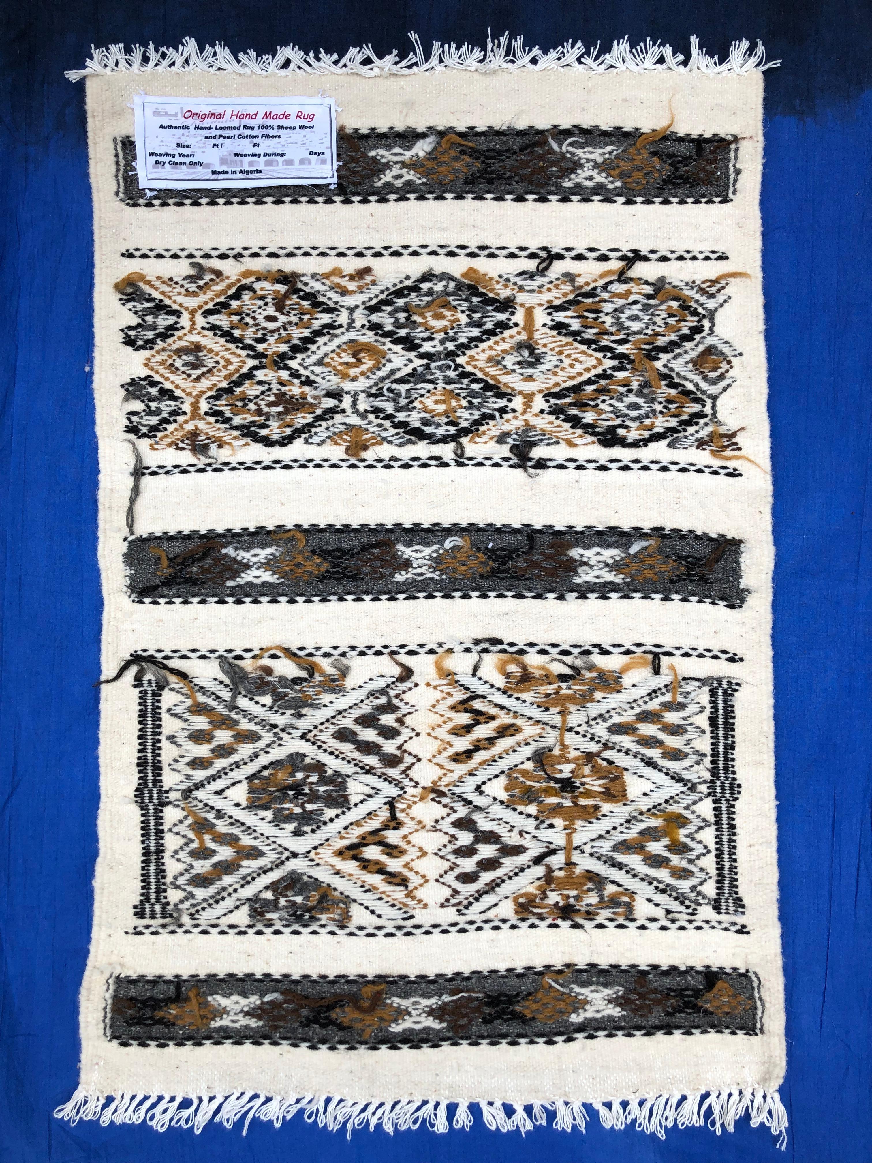 Tribal Hand-Loomed Berber Wool Accent Rug from Algeria, Geometric Beige and Cream For Sale