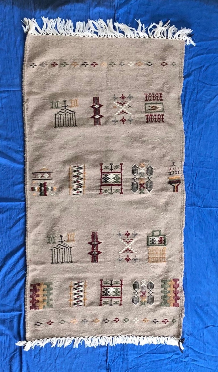 HandLoomed Berber Wool Throw Rug, Tan Beige Tribal, in Stock For Sale