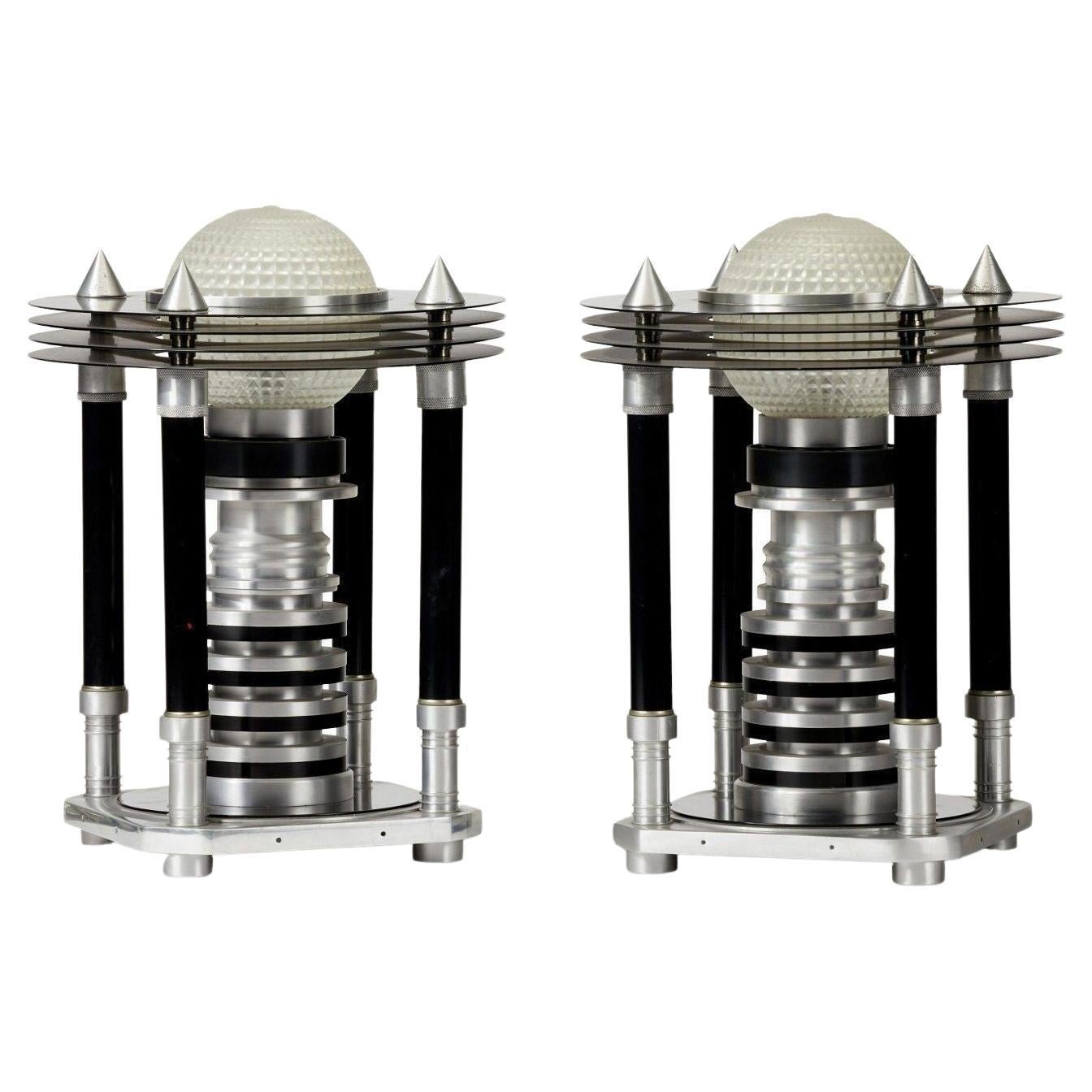 Hand Machined Neo Art Deco Table Lamp Pair For Sale