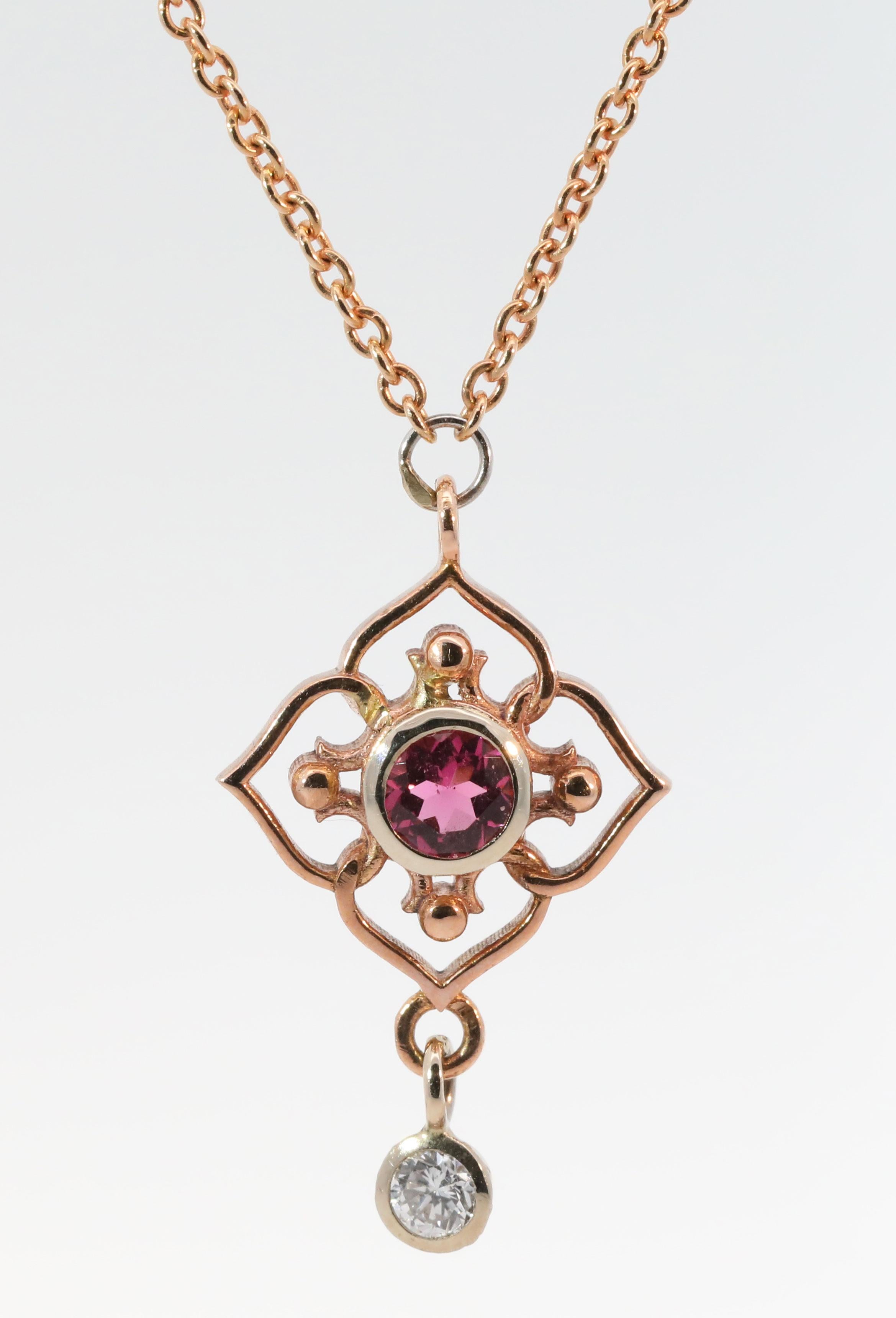 Hand Made 14K Rose & Yellow Gold, Natural Diamonds & Natural Tourmaline Necklace. Total Weight: 4.1 grams. Diamonds: 0.15ct. Tourmaline: 0.30ct. Necklace: 18