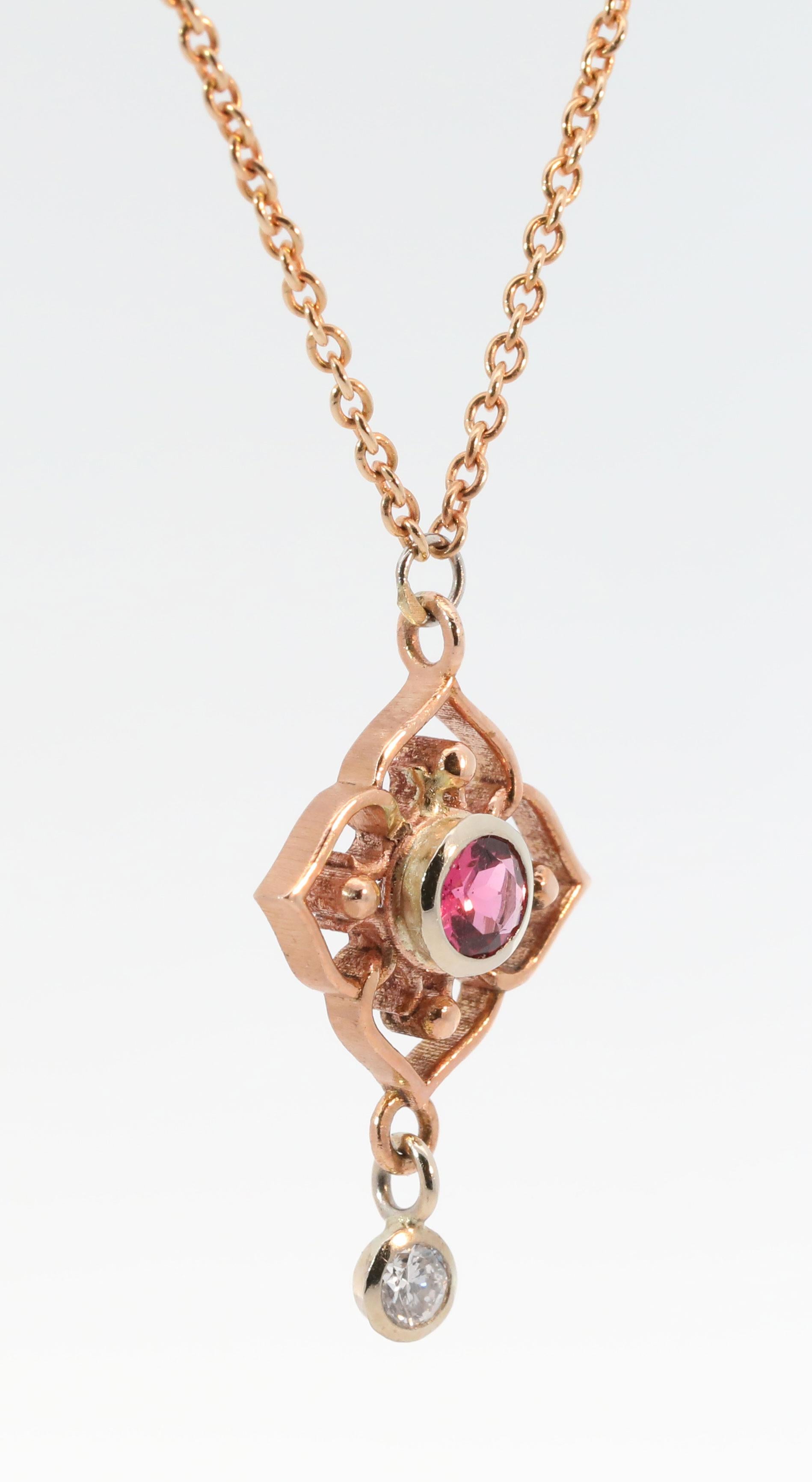 Brilliant Cut Hand Made 14K Rose & Yellow Gold, Natural Diamonds & Natural Tourmaline Necklace For Sale