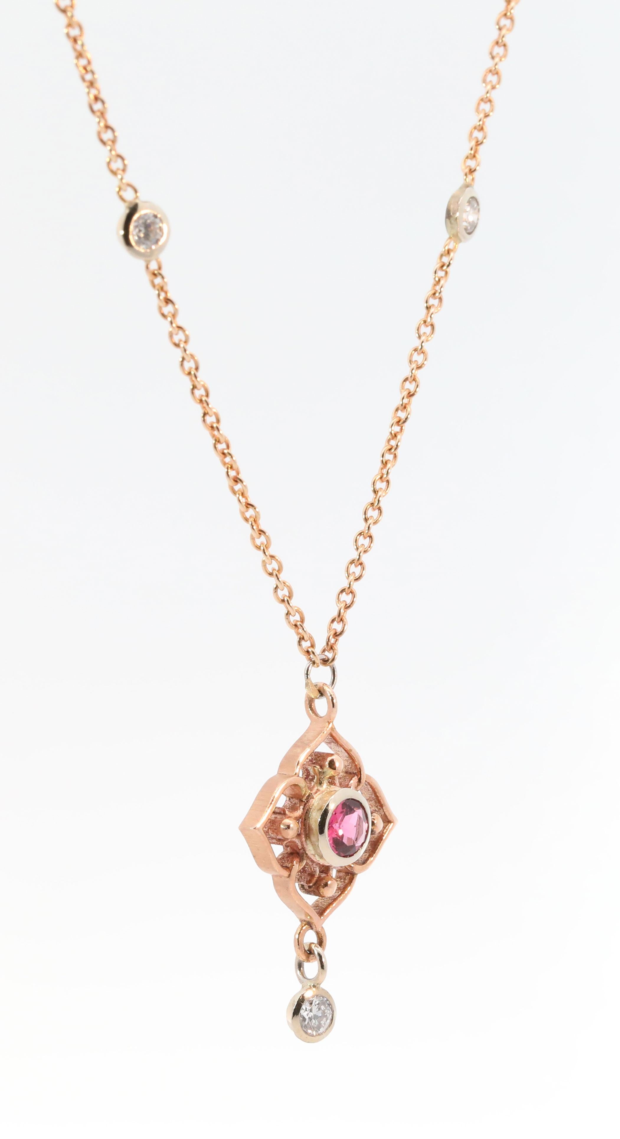 Hand Made 14K Rose & Yellow Gold, Natural Diamonds & Natural Tourmaline Necklace In New Condition For Sale In Pasadena, CA