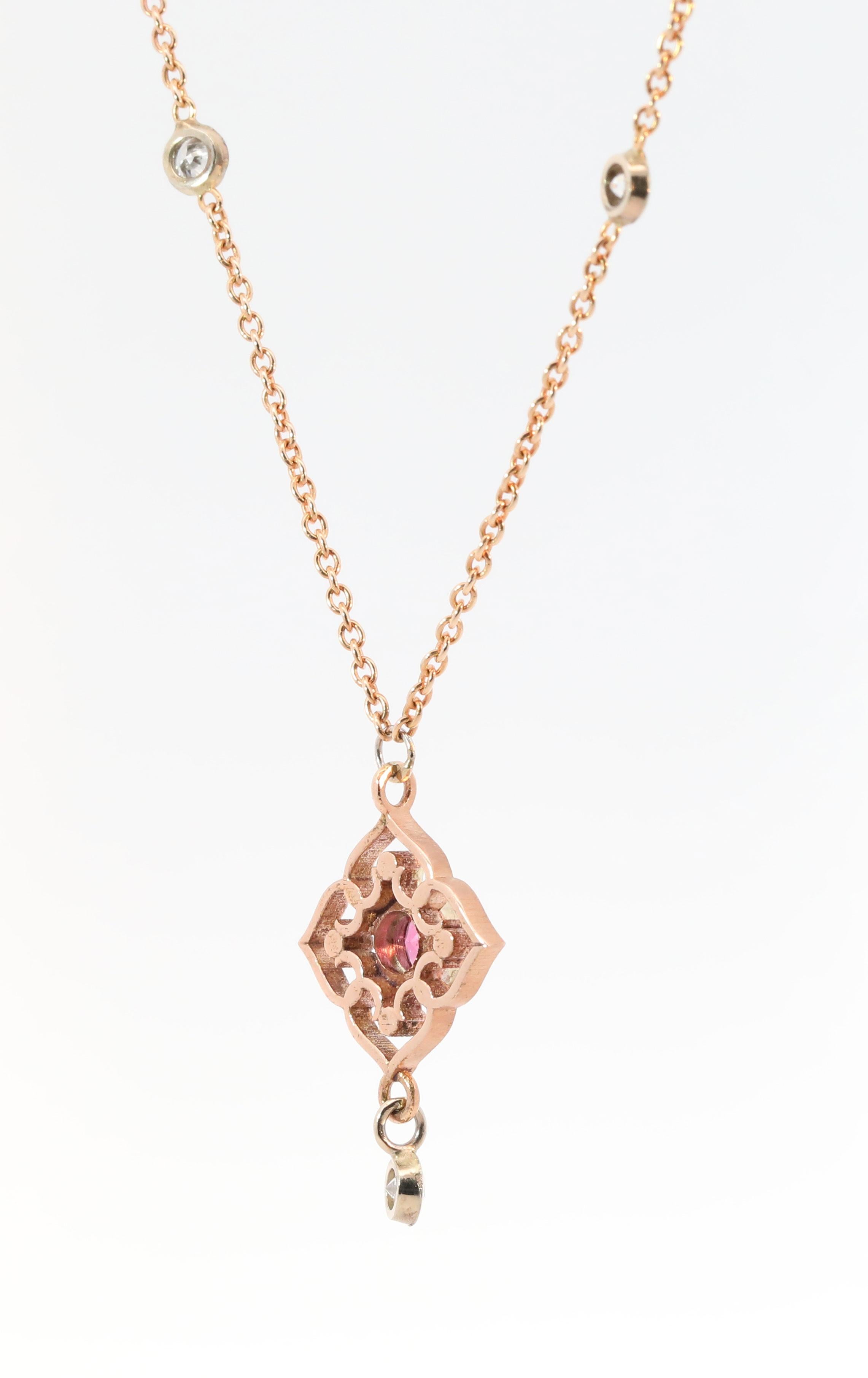 Women's Hand Made 14K Rose & Yellow Gold, Natural Diamonds & Natural Tourmaline Necklace For Sale