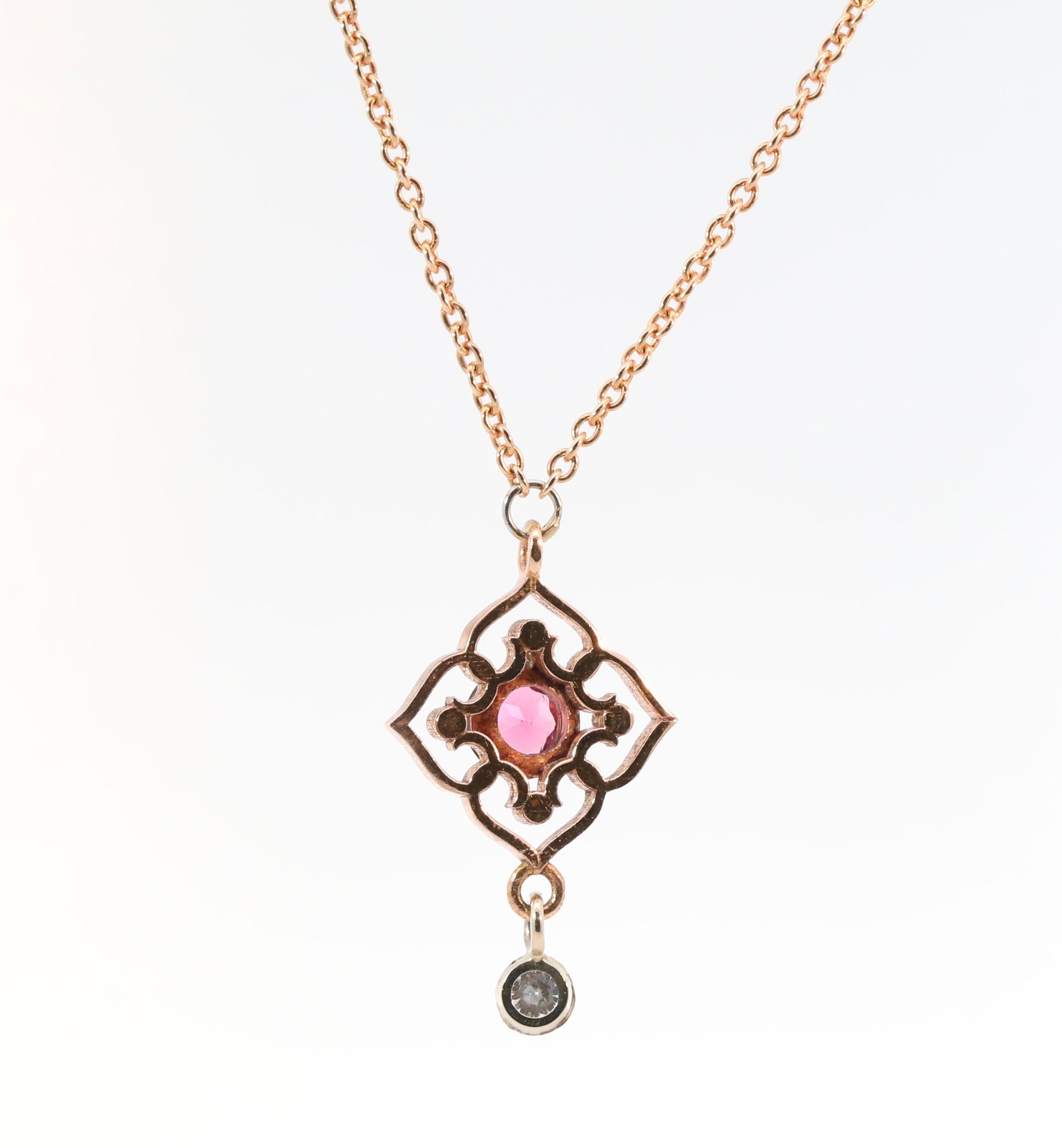 Hand Made 14K Rose & Yellow Gold, Natural Diamonds & Natural Tourmaline Necklace For Sale 1