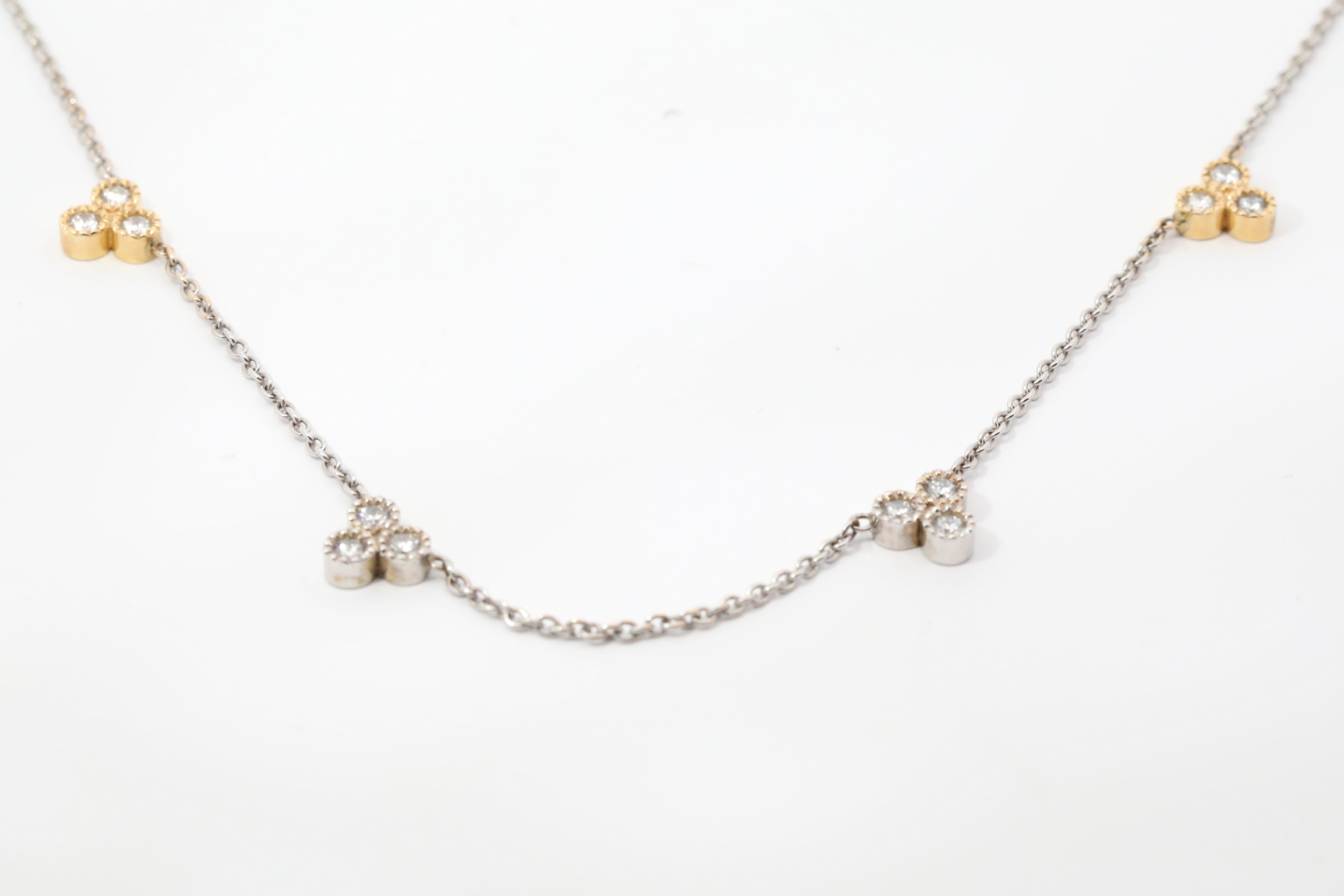 Hand Made 14K White & Yellow Gold &  Natural Diamonds Necklace. Total Weight: 5.3 grams. Diamonds: 0.63ct. Necklace: 17